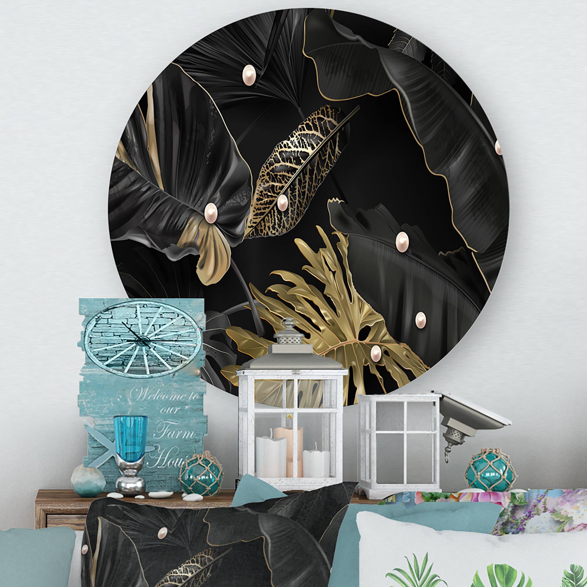 Designart - Black and Gold Tropical Leaves III - Modern Metal Circle Wall Art