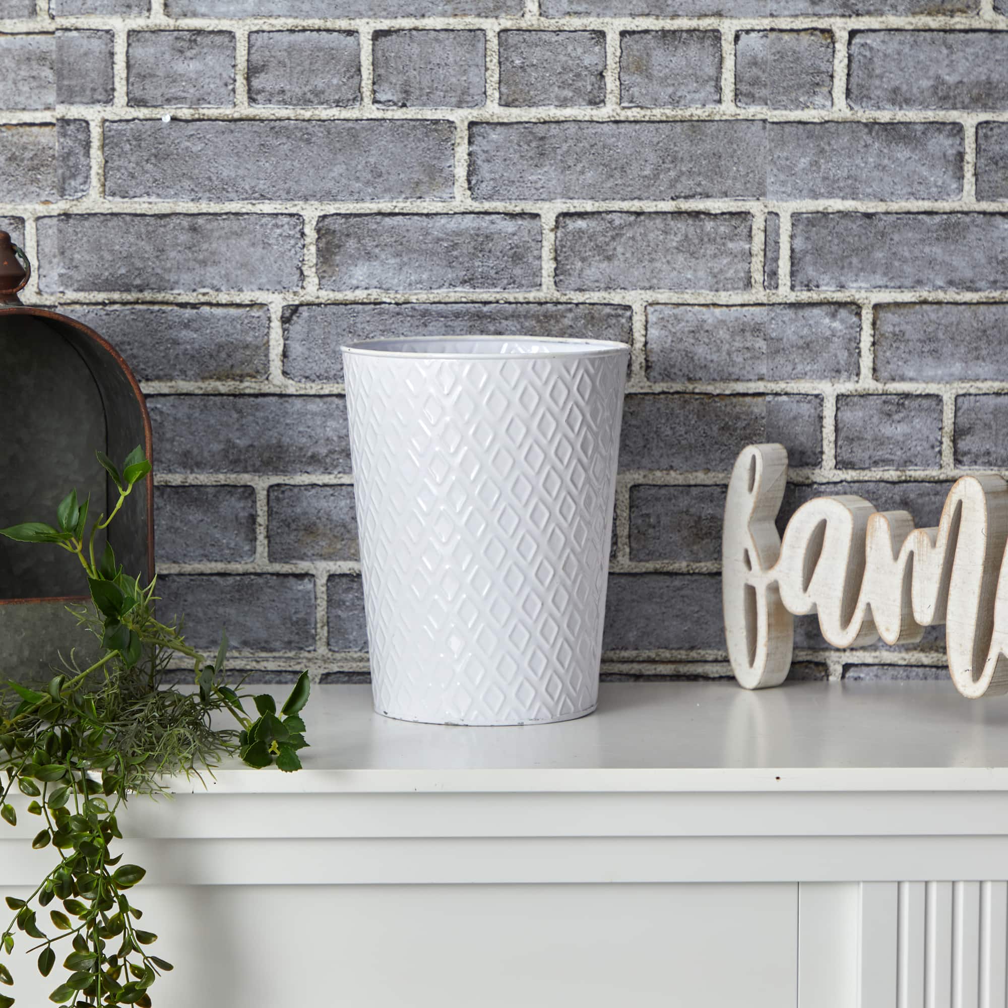 10" White Embossed Tin Planter