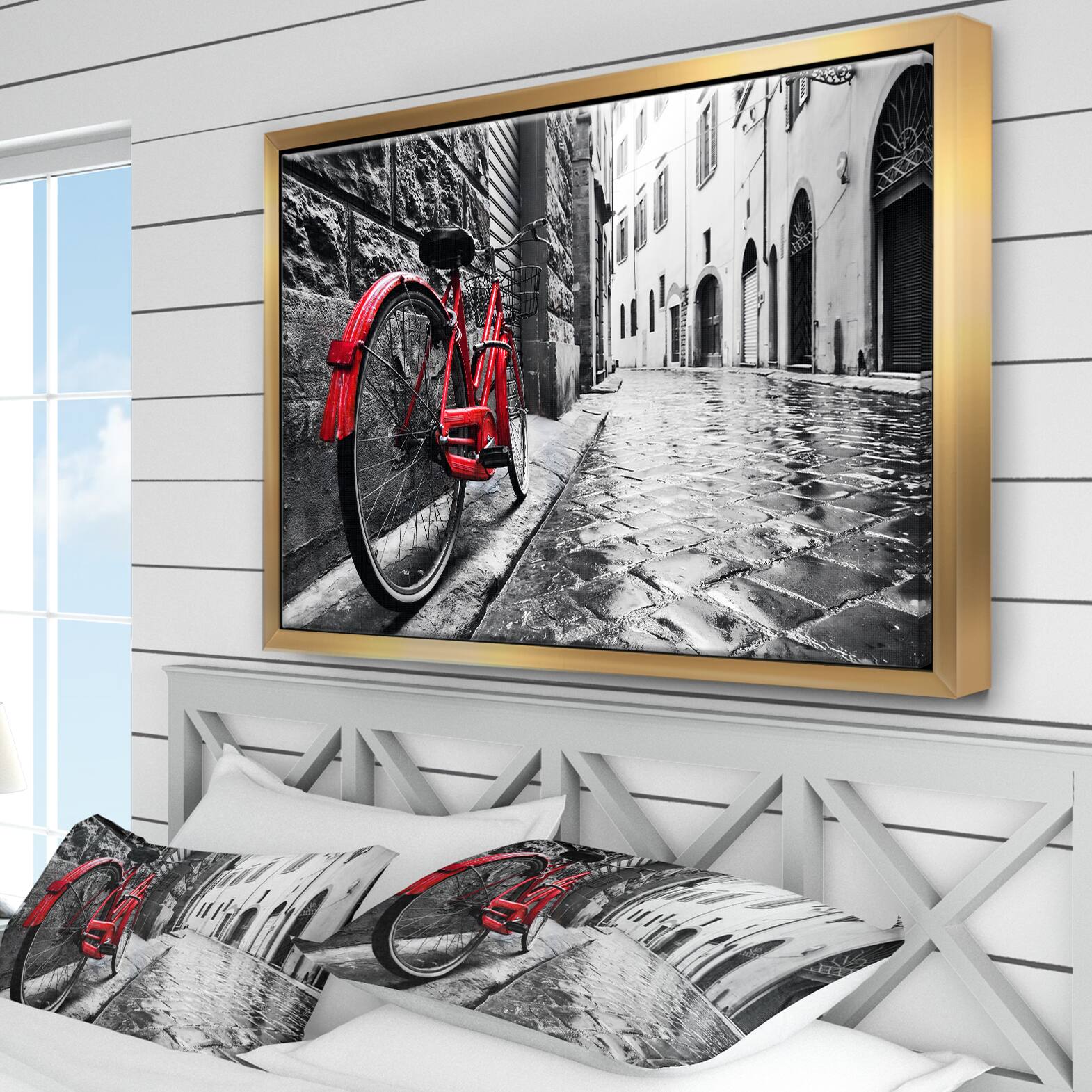 Designart - Retro Vintage Red Bike - Cityscape Photo Framed Canvas Art Print