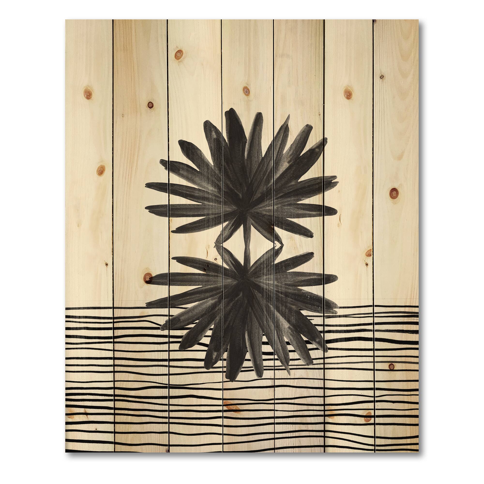 Designart - Black and White Tropical Leaf On Striped II
