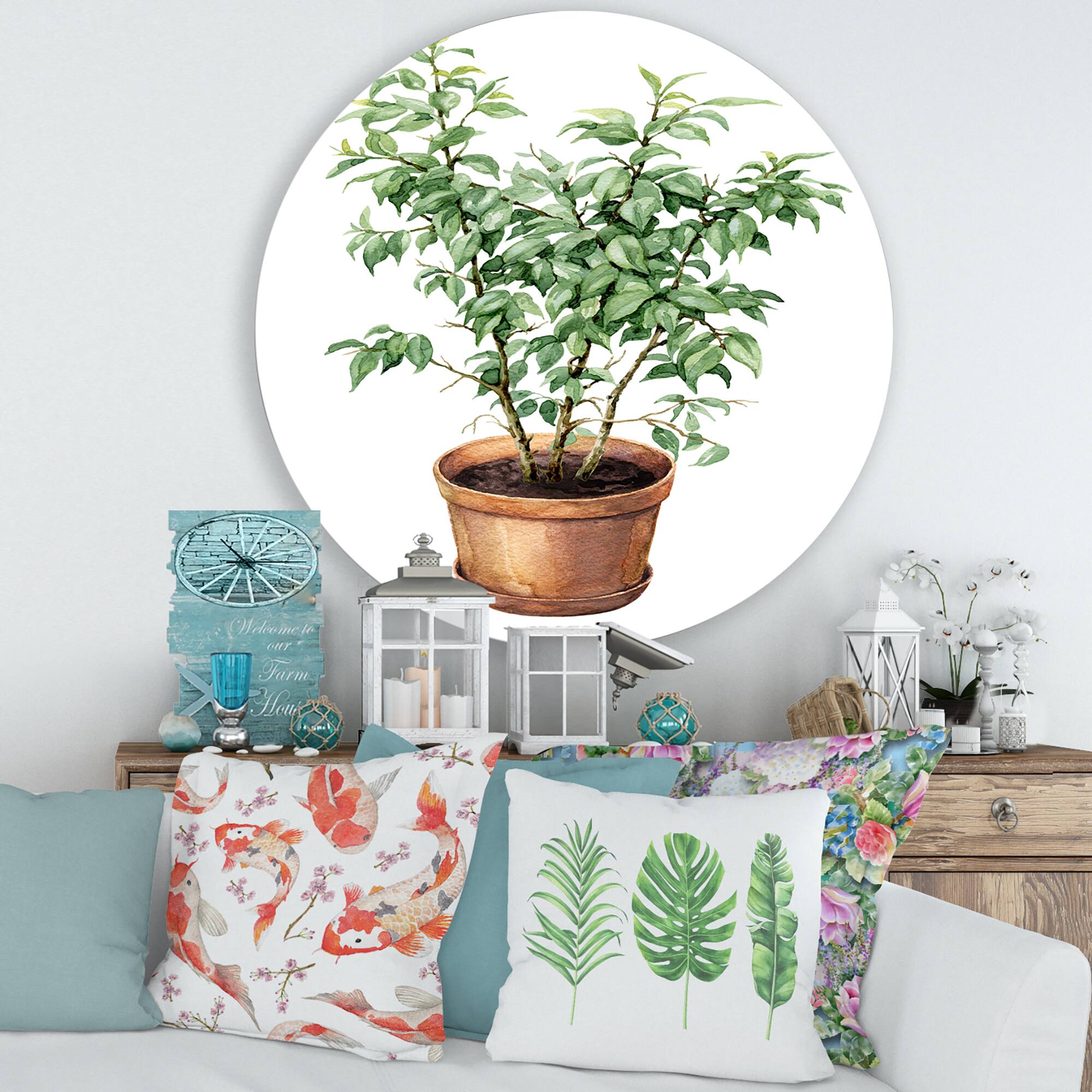 Designart - Ficus Benjamina In Clay Flowerpot - Traditional Metal Circle Wall Art