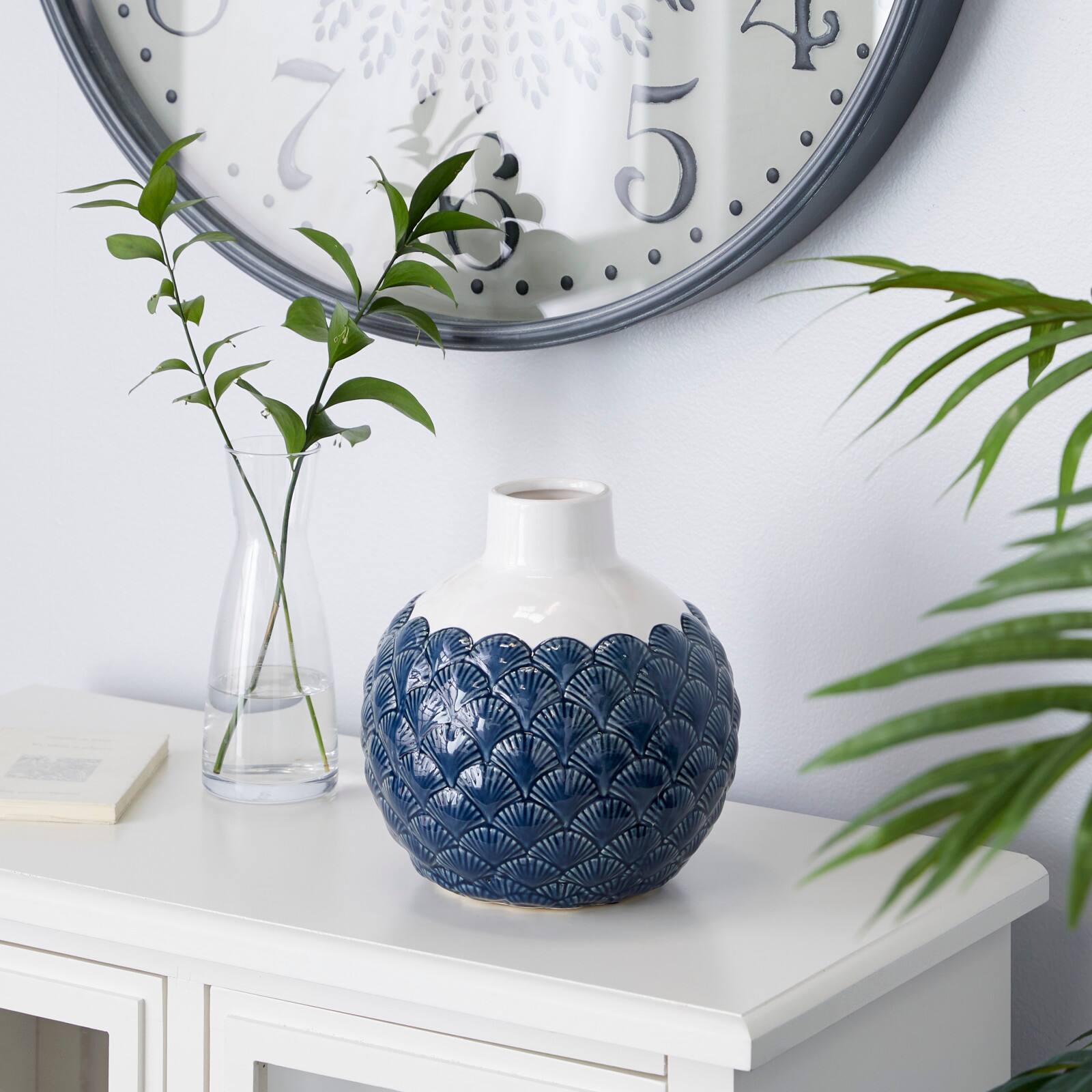 Blue Ceramic Coastal Vase, 9" x 8" x 8"