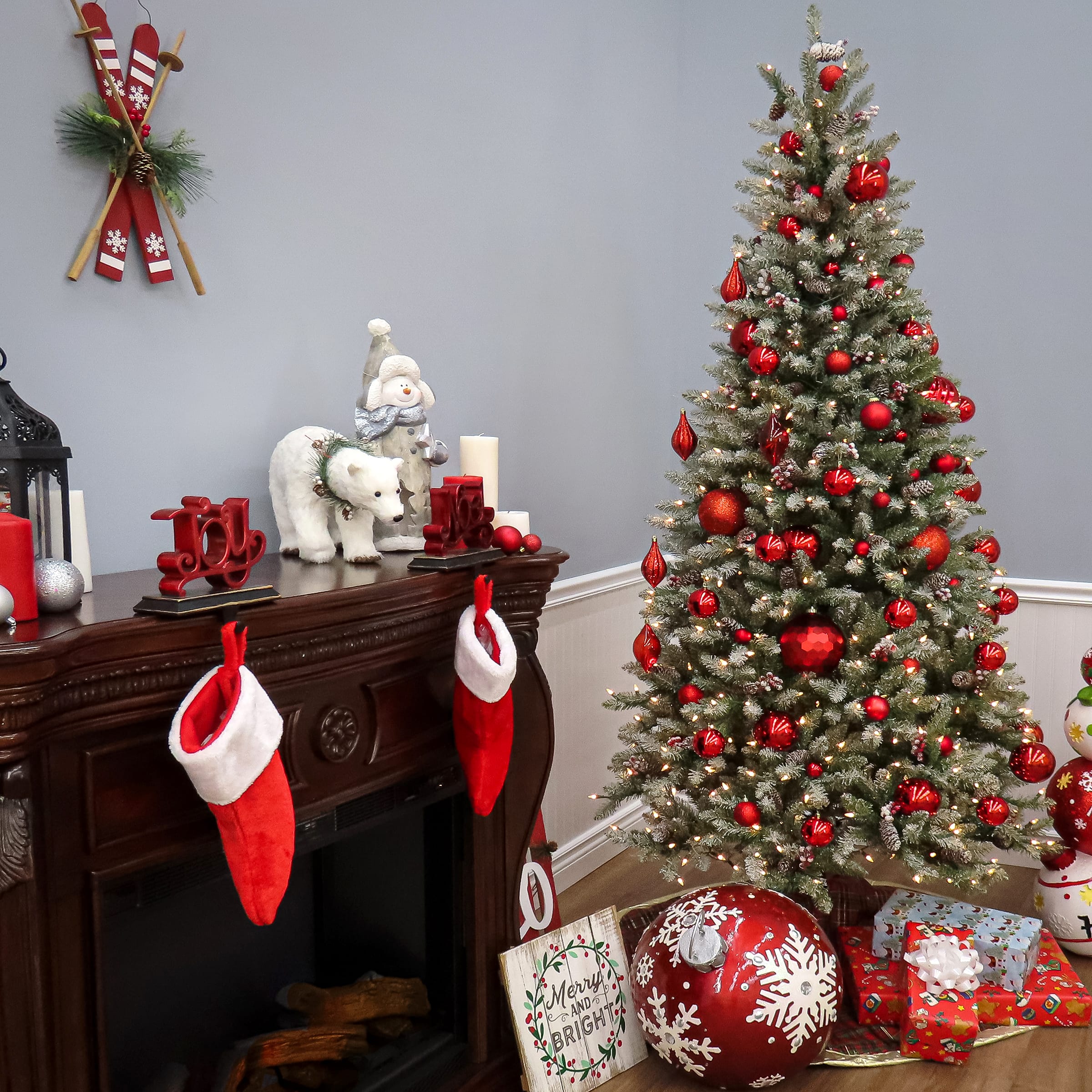 7.5 ft. Pre-Lit Flocked Dunhill® Fir Slim Artificial Christmas Tree, Clear Lights