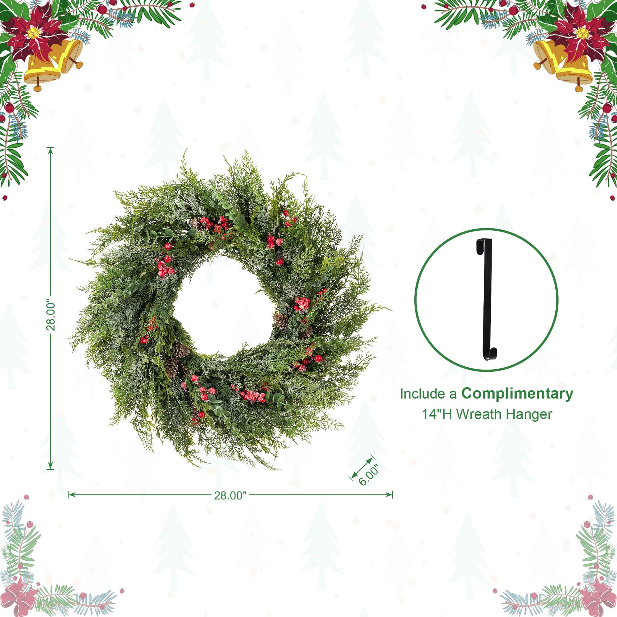 Glitzhome® 28" Christmas Greenery Frosted PE Wreath with Pinecones & Red Berries