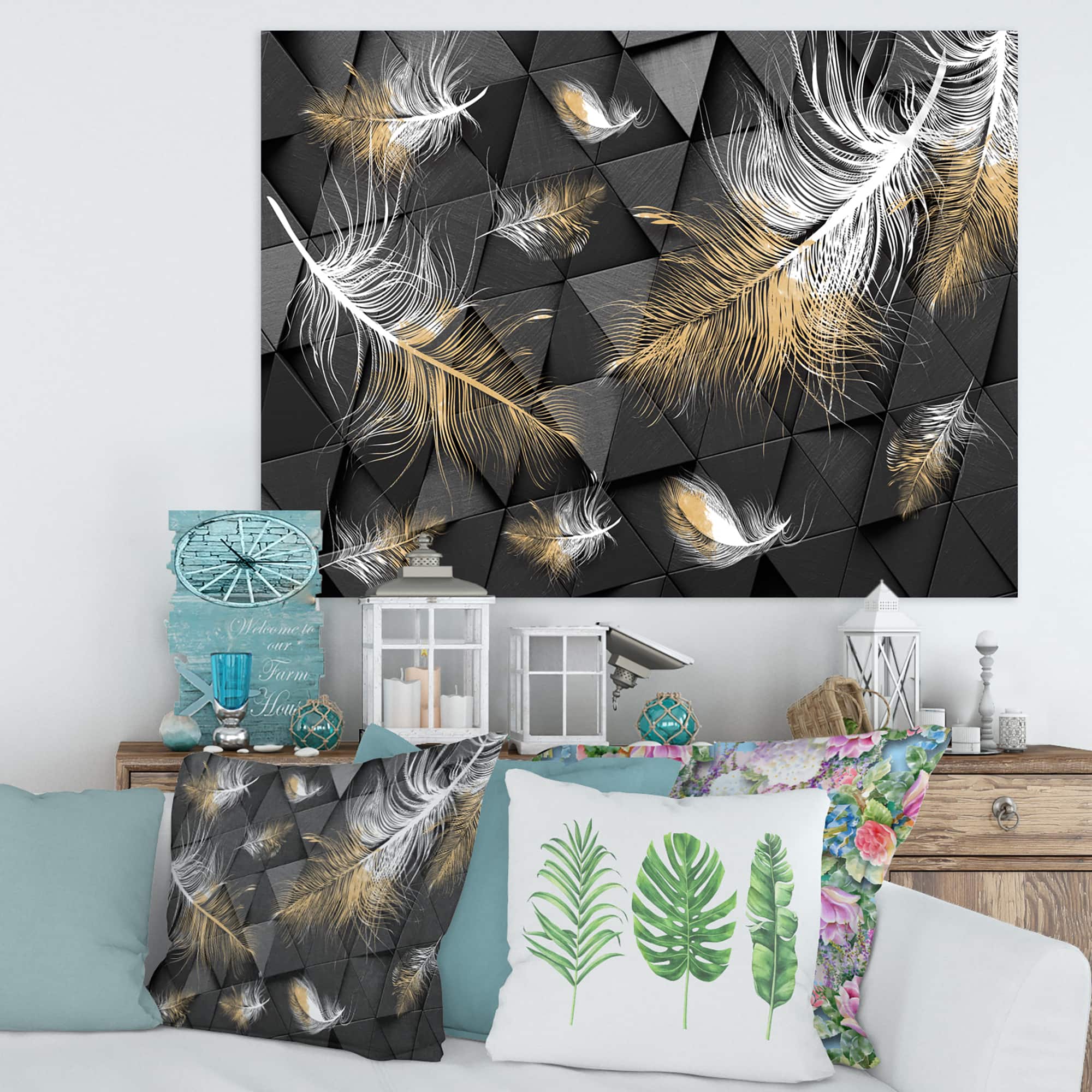 Designart - White and Gold Feathers On Triangular