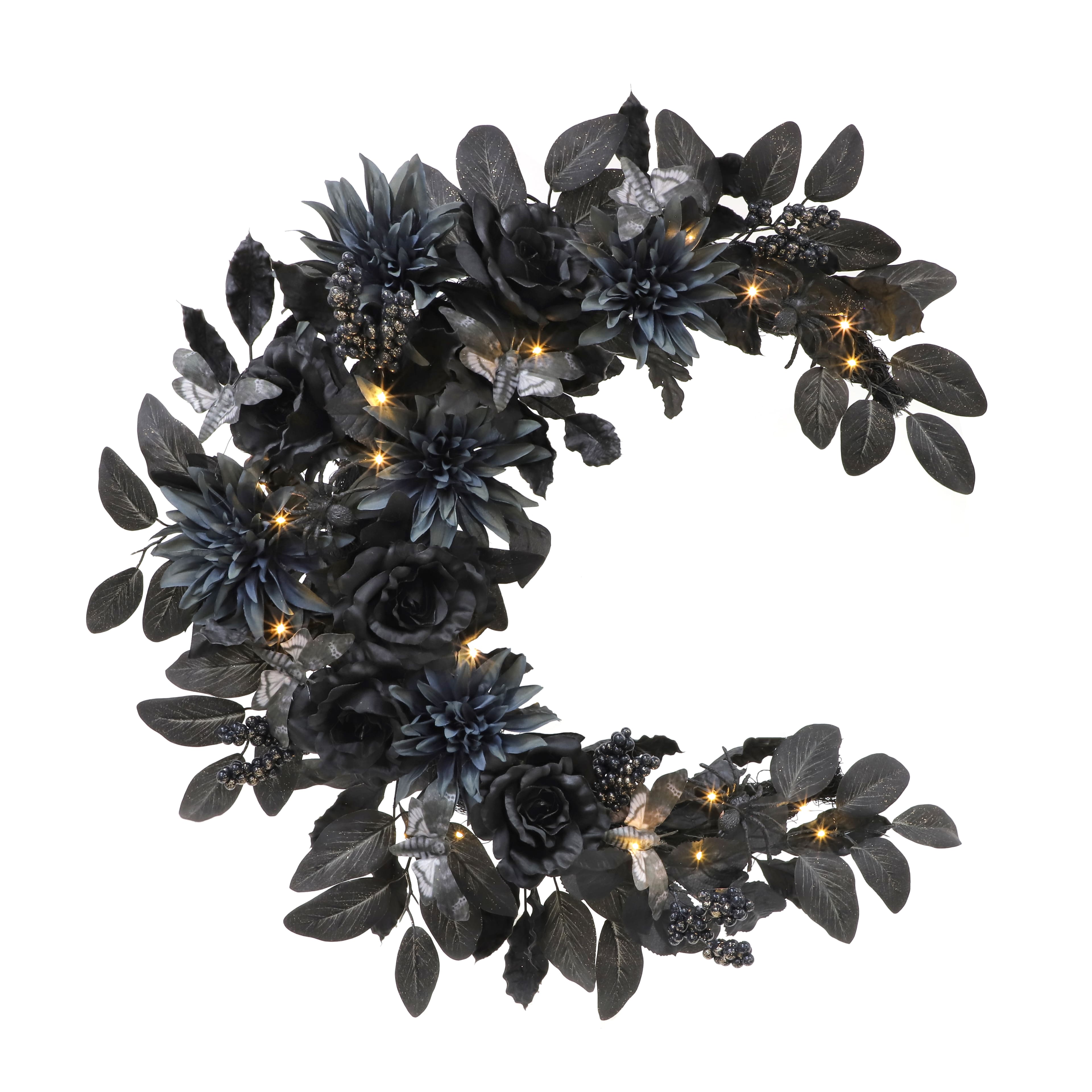 26" LED Black & Dusty Navy Dahlia, Rose & Moth Moon Wreath by Ashland®
