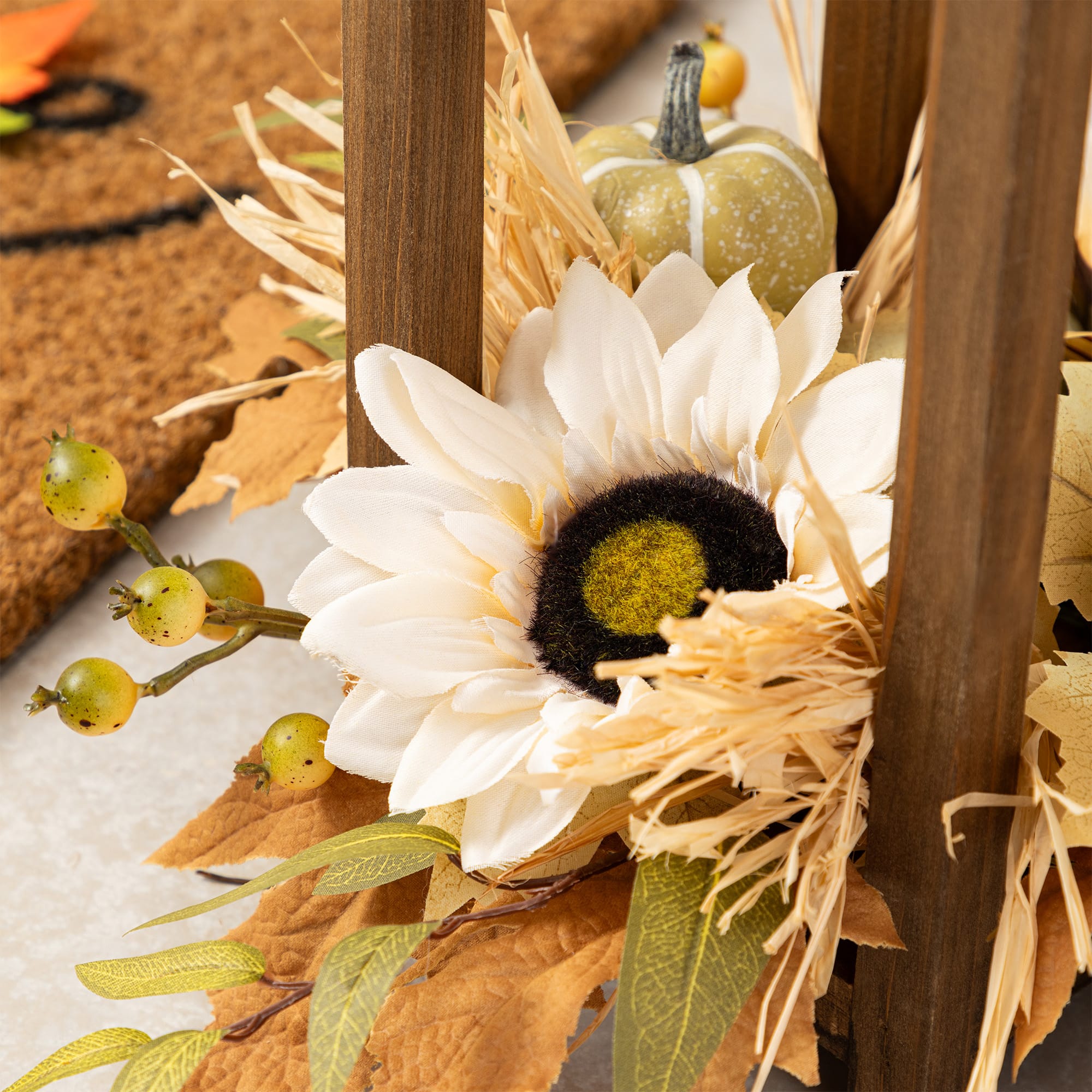 Glitzhome® 20" Fall Neutral Sunflower, Pumpkin and Leaf Wood Lantern Centerpiece