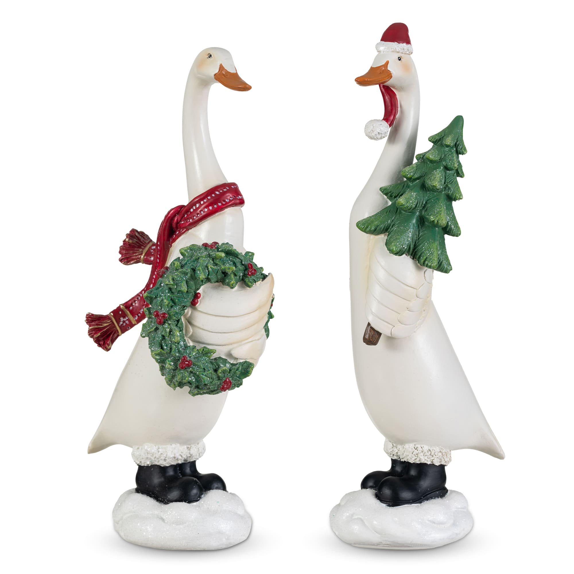Glitzhome® Set of 2 Christmas Resin Goose with Wreath and Tree Table Decor