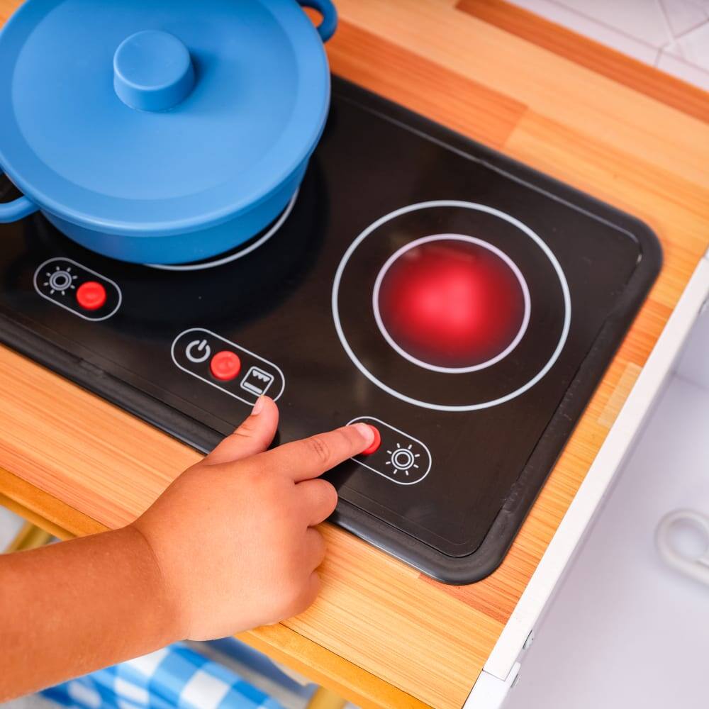 KidKraft Simply Stylish Wooden Play Kitchen Set with Lights, Choppable Food & Accessories