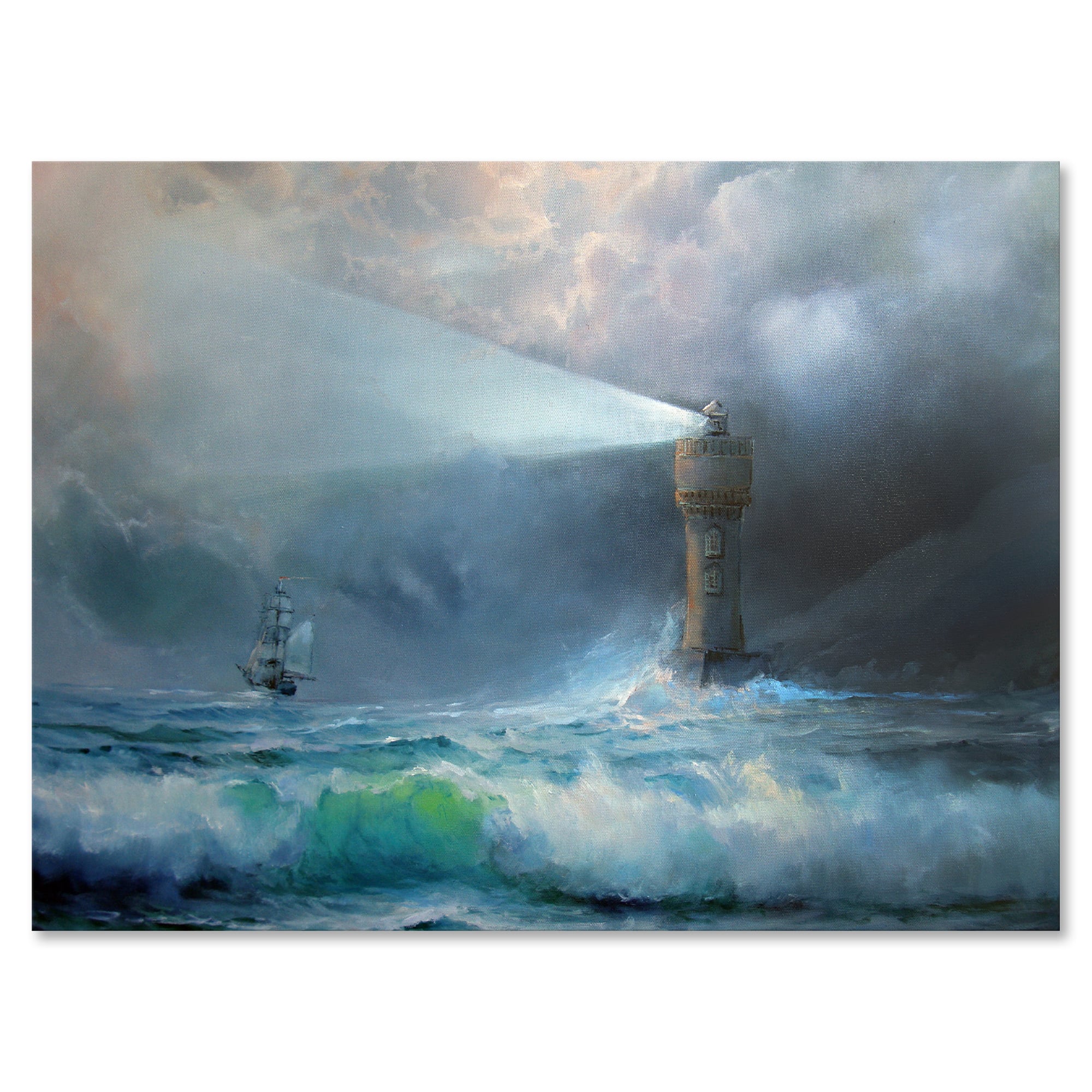 Designart - Lighthouse Shining Light During Stormy Night II - Nautical & Coastal Canvas Wall Art Print