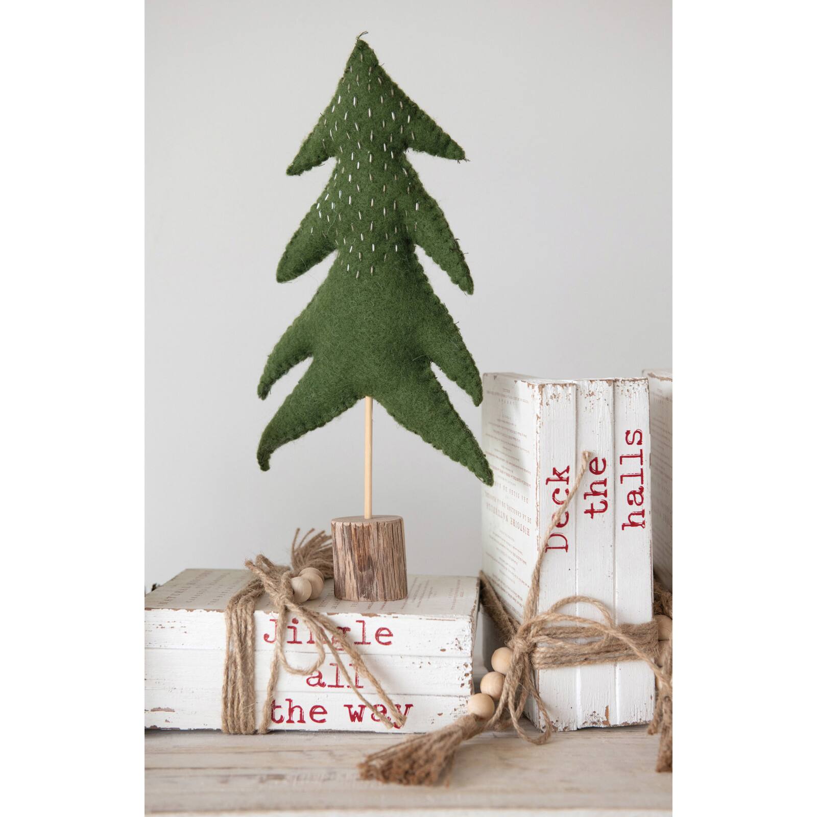 Hello Honey® 8.5" White & Red 6-Piece Wood Block Faux Books with Holiday Saying, Wood Beads & Jute Tie