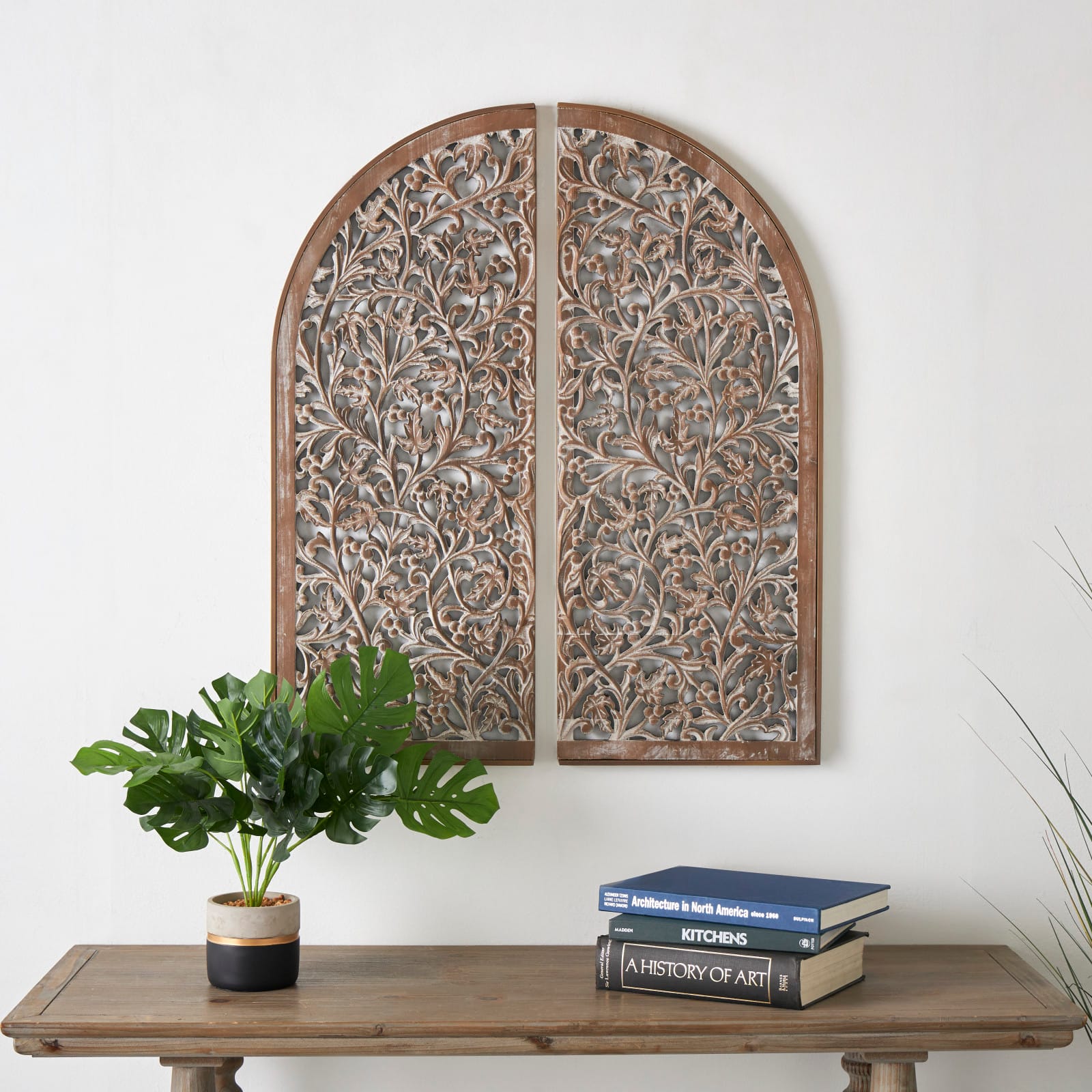 Brown Handmade Floral Carved Arched Wall Décor, 2ct.