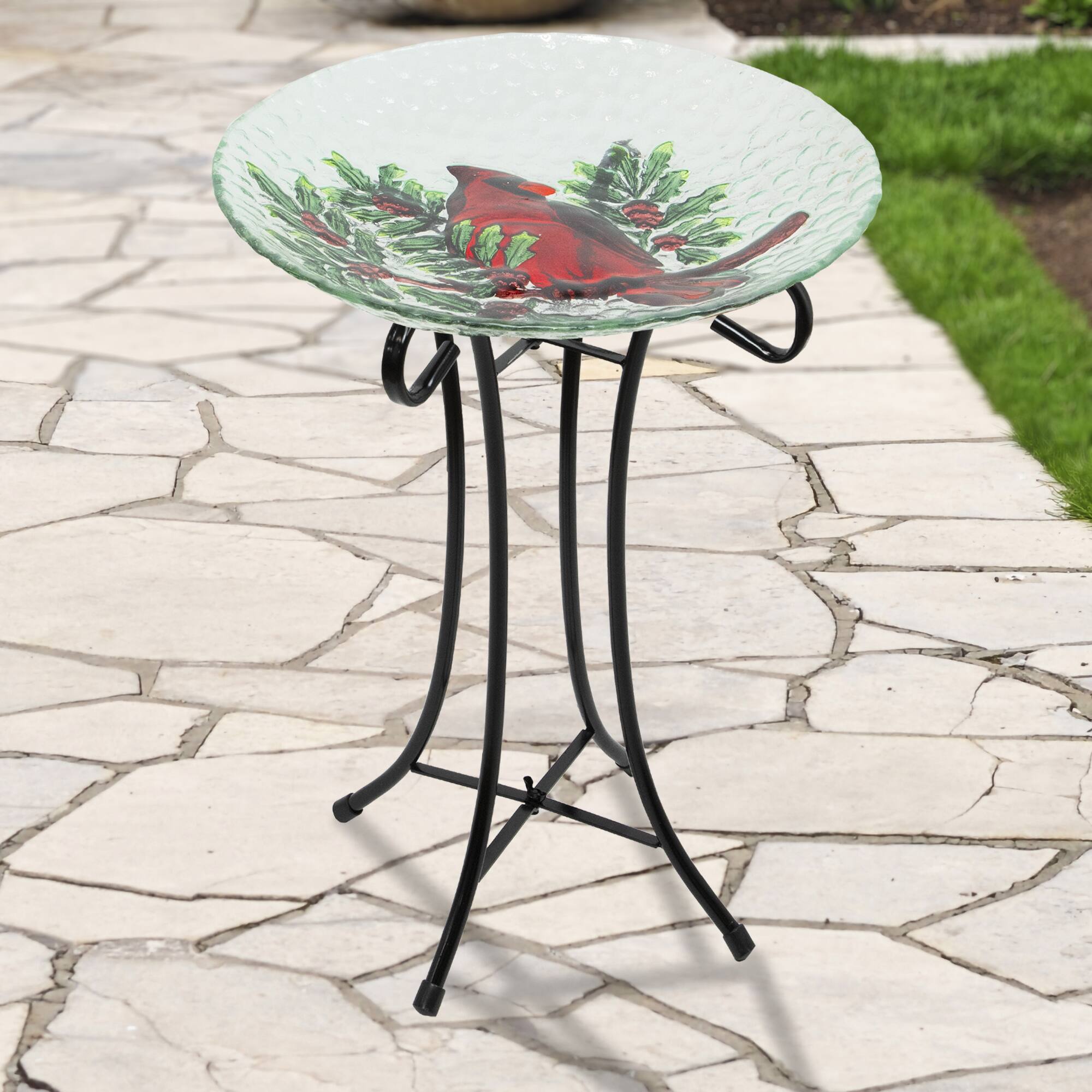 21" Red Cardinal & Pine Cone Glass Bird Bath with Stand