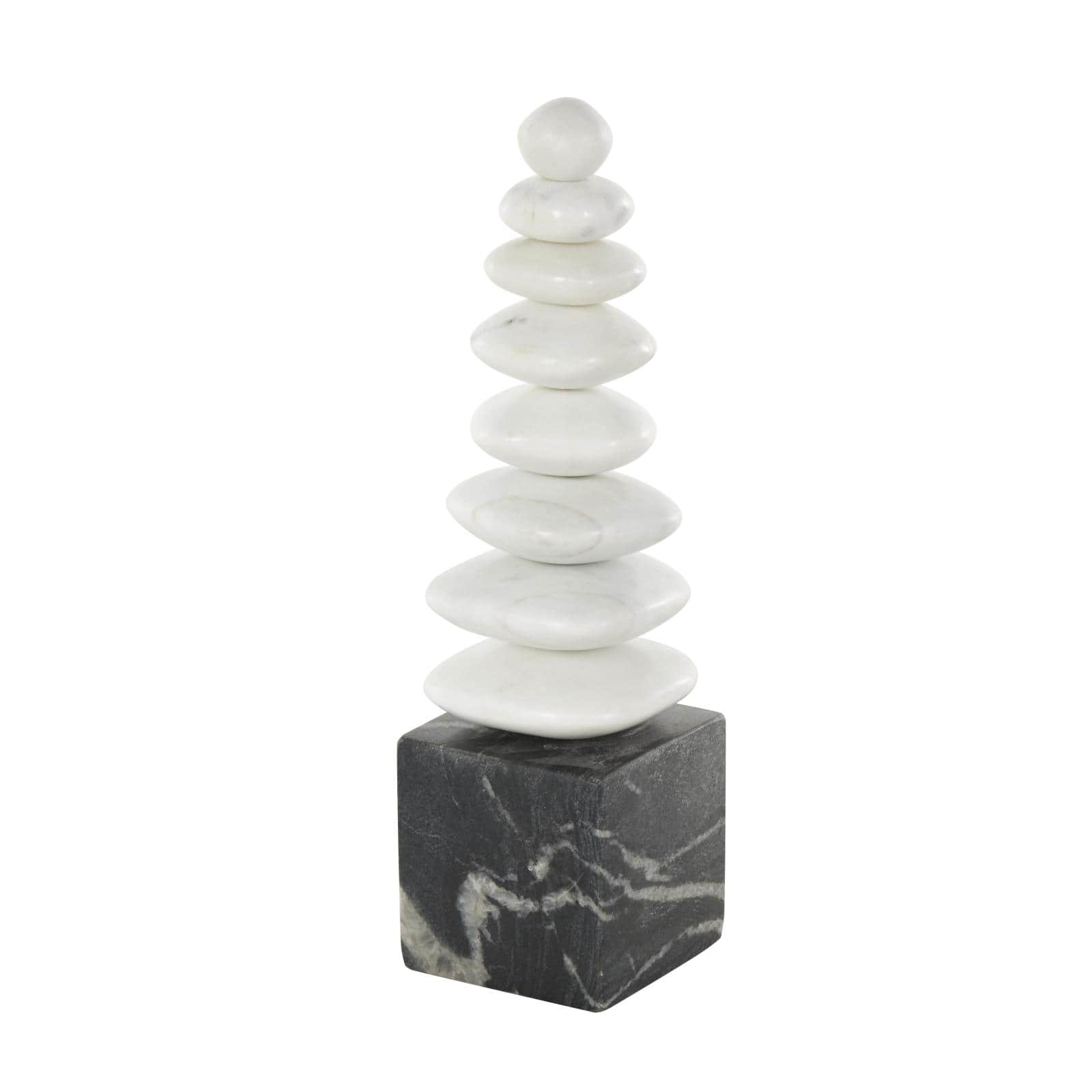 White & Black Abstract Stacked Stone Marble Sculpture with Block Base