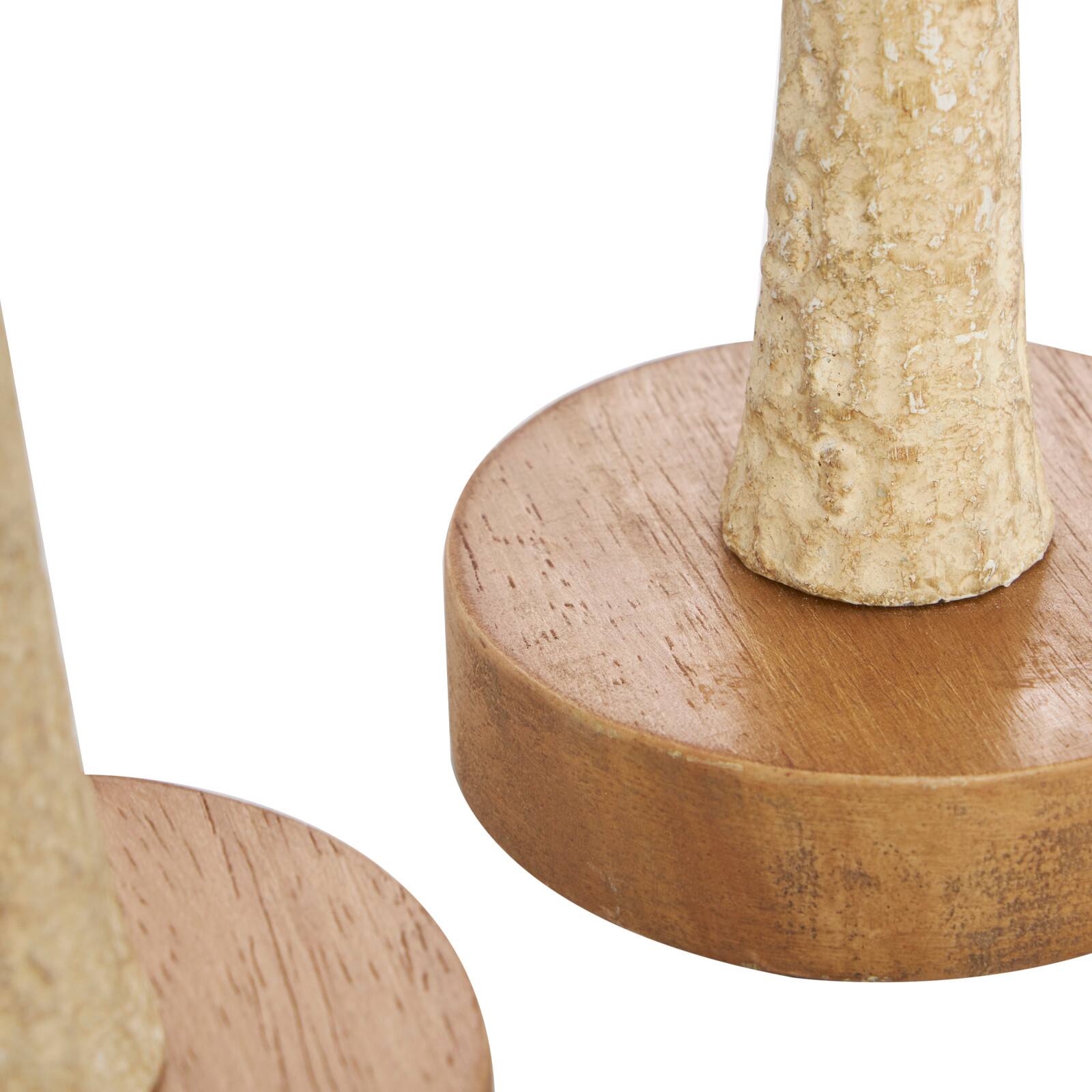 Cream Metal Textured Tapered Taper Candle Holder with Brown Wood Bases Set