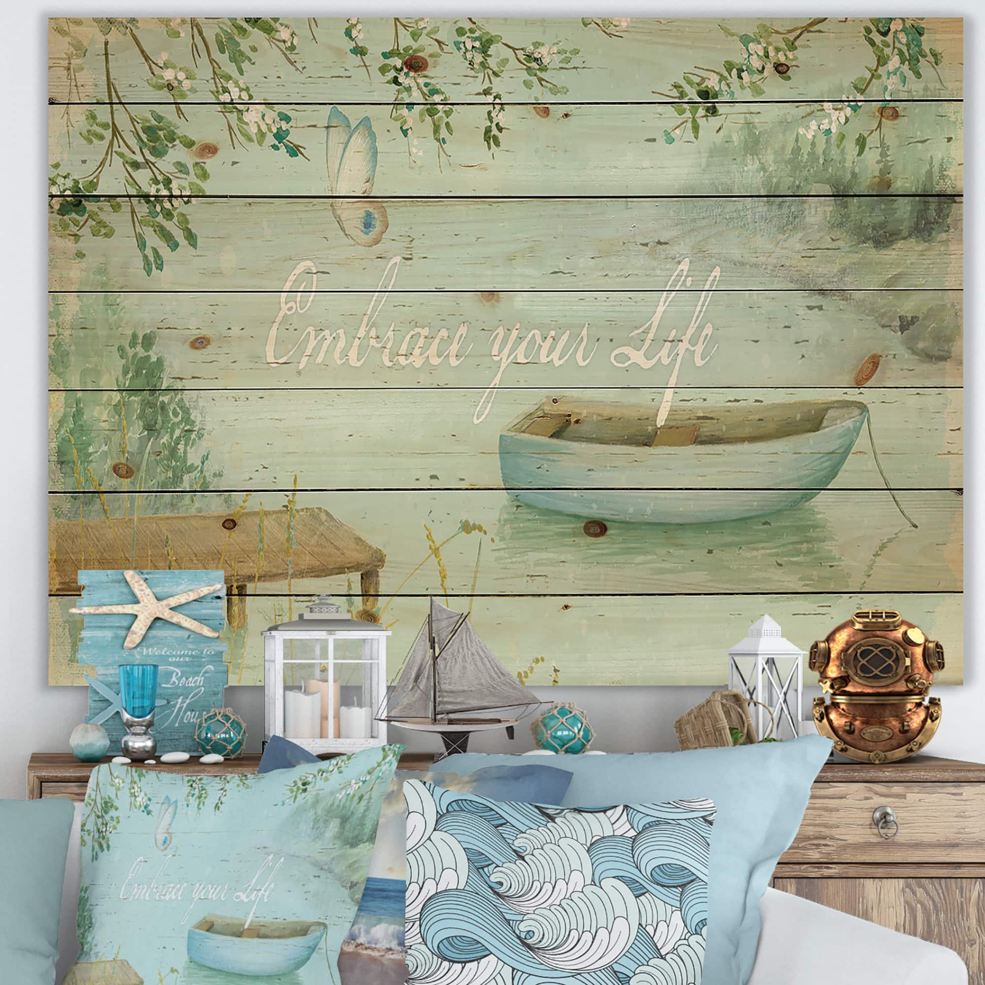 Designart - Lake House Canoes IV - Lake House Print on Natural Pine Wood