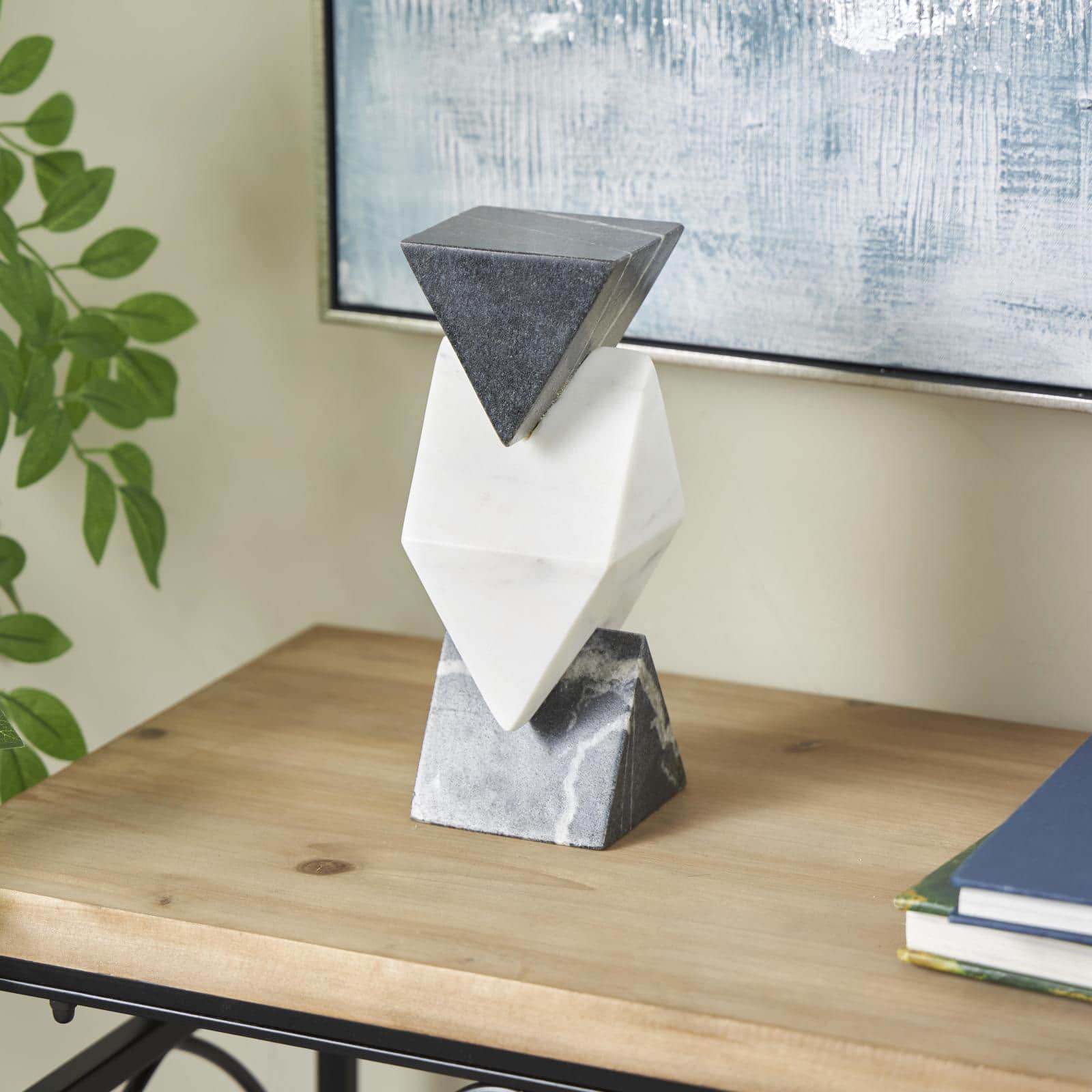9.5" Black & White Geometric Stacked Pyramid Marble Sculpture with Diamond Center