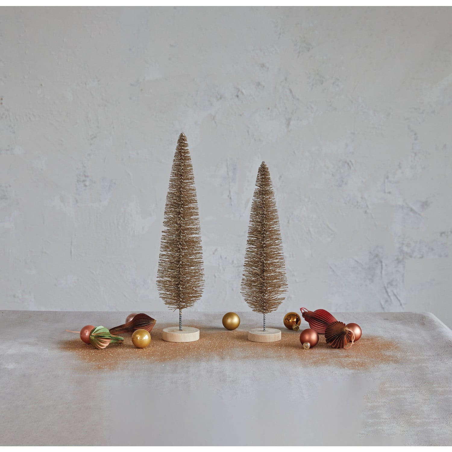 Hello Honey® 15" Gold Glitter Plastic Bottle Brush Tree with Wood Base