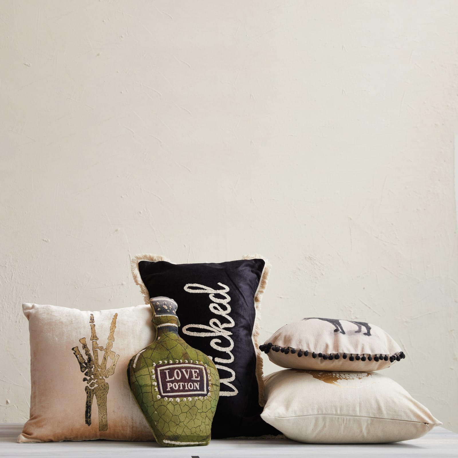 Hello Honey® 16" White & Black Round Cotton Chambray Printed Pillow with Cat Design, Embroidery & Pom Pom Trim