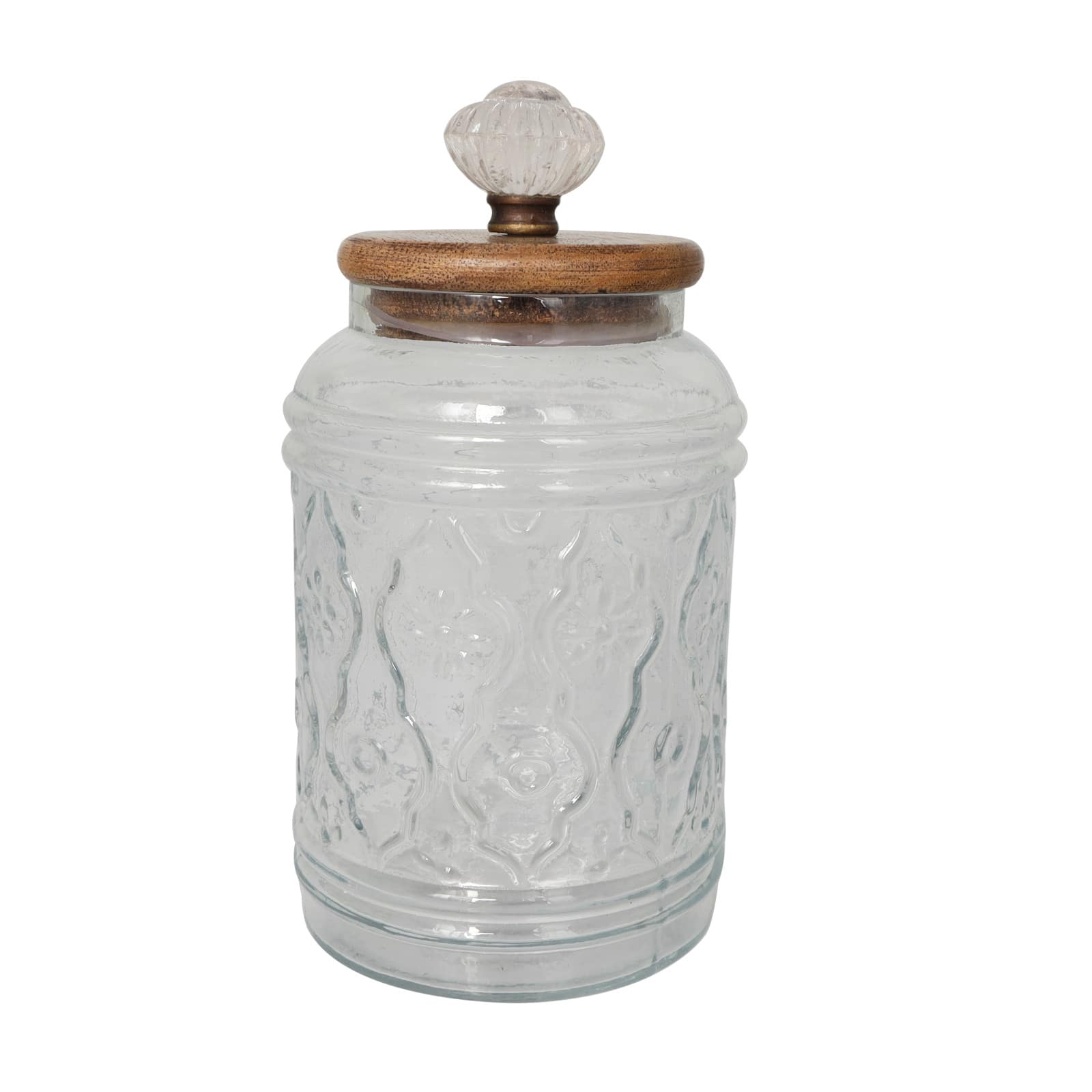 Clear Glass Floral Decorative Jar Set with Brown Wooden Lids & Antique Style Knobs