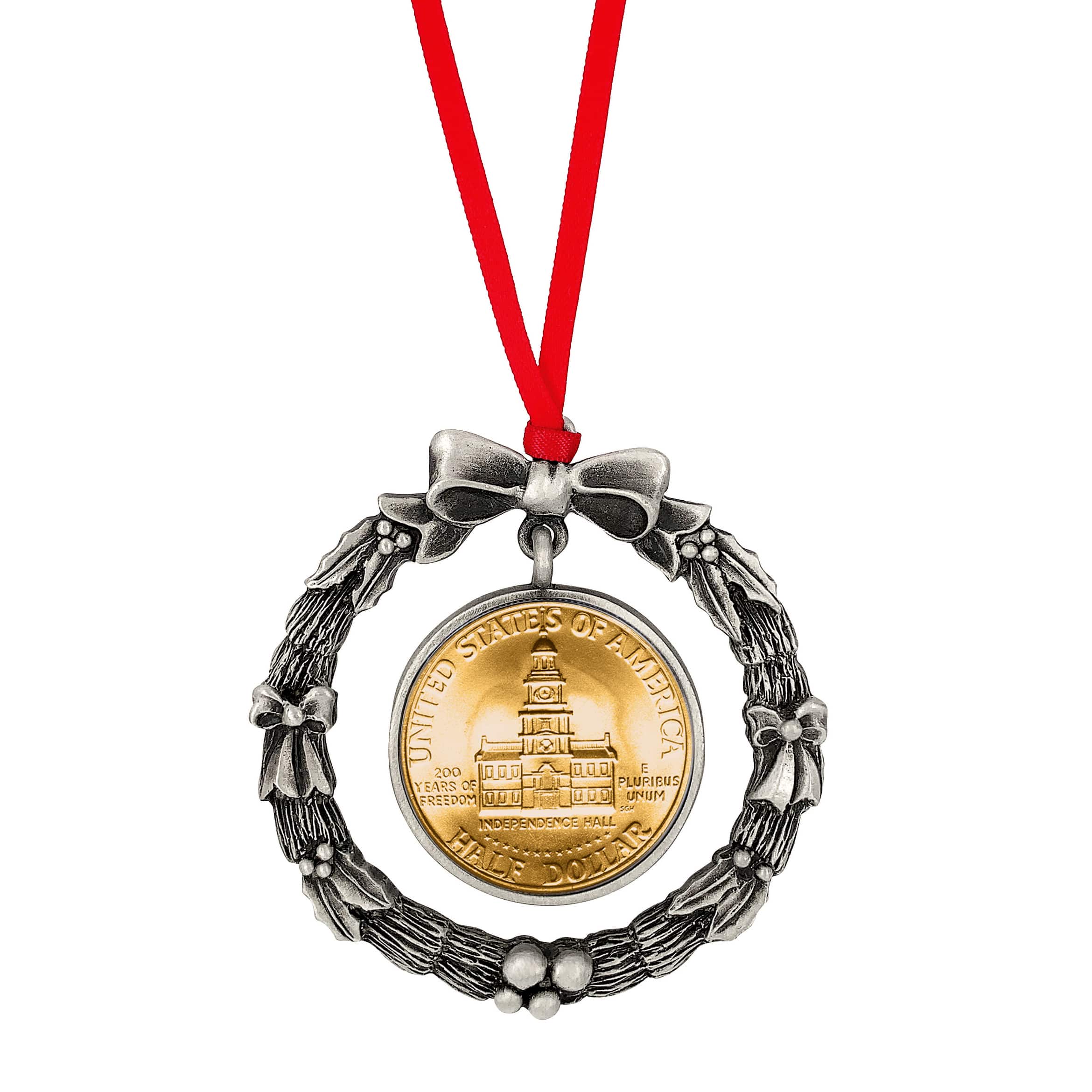 Gold Plated Bicentennial JFK Half Dollar Wreath Ornament 