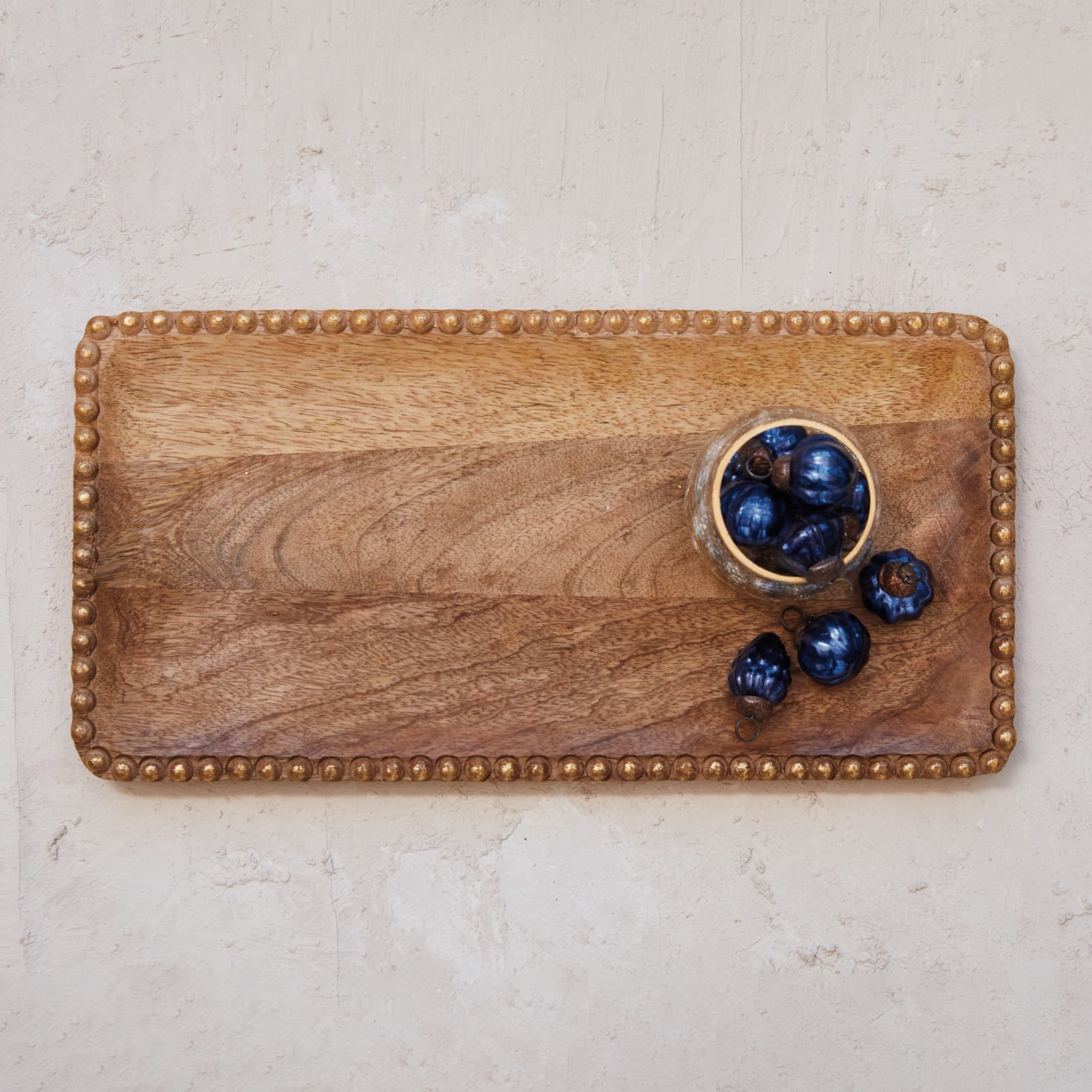 Hello Honey® 16" Natural & Gold Finish Carved Mango Wood Tray with Wood Beads
