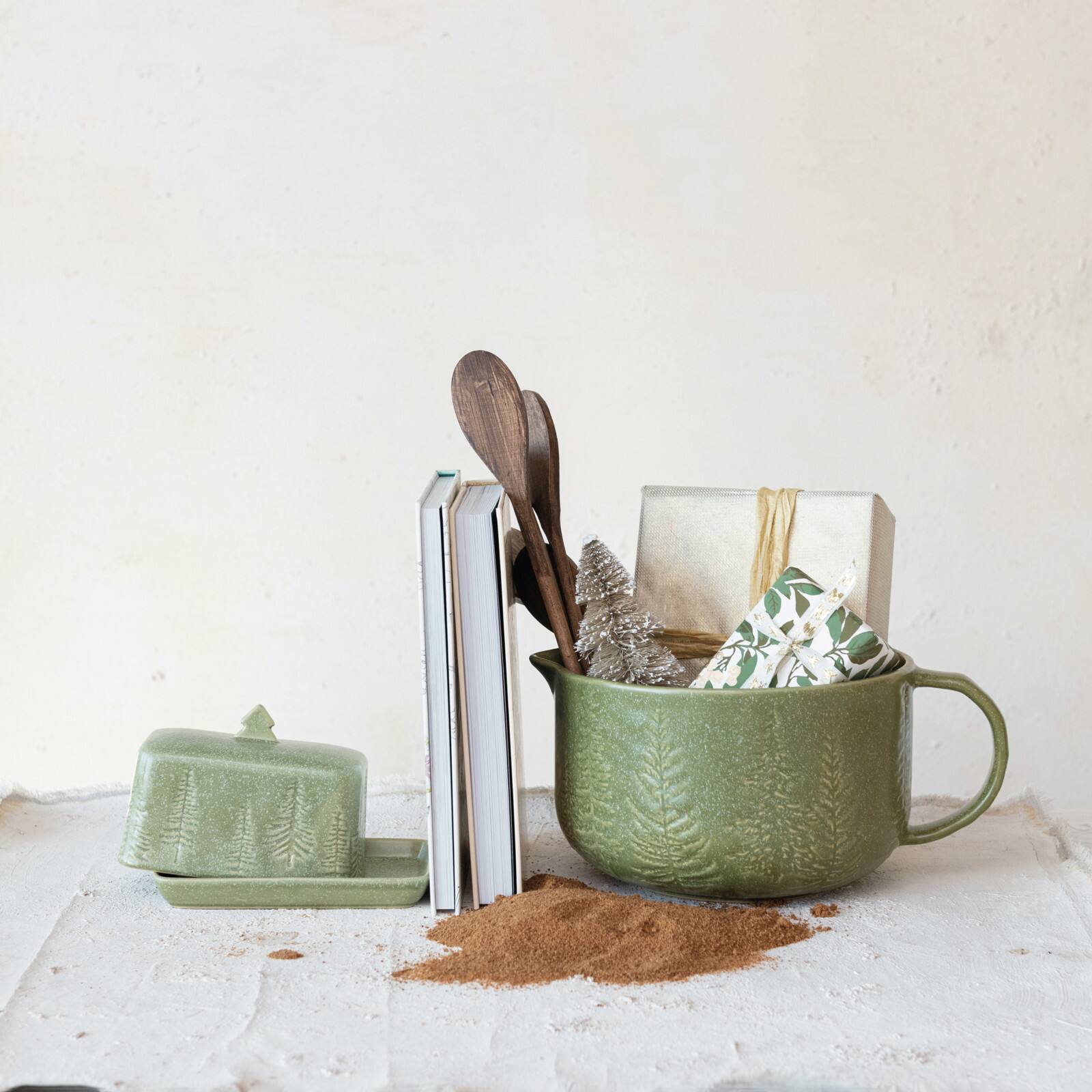 Hello Honey® 4qt. Green Trees & Matte Reactive Glaze Stoneware Batter Bowl with Handle