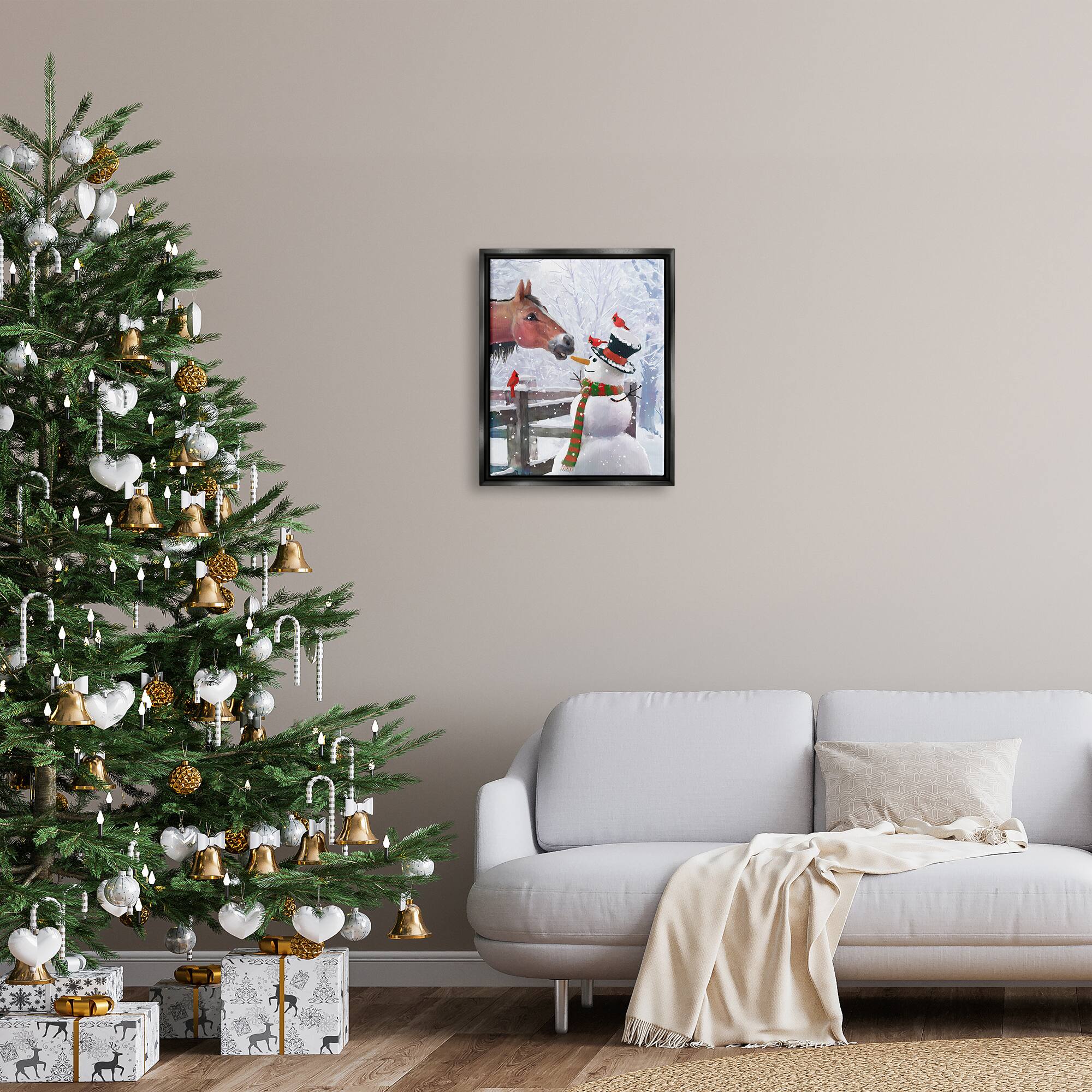 Stupell Industries Horse Eating Snowman Carrot Scene Framed Floater Canvas Wall Art