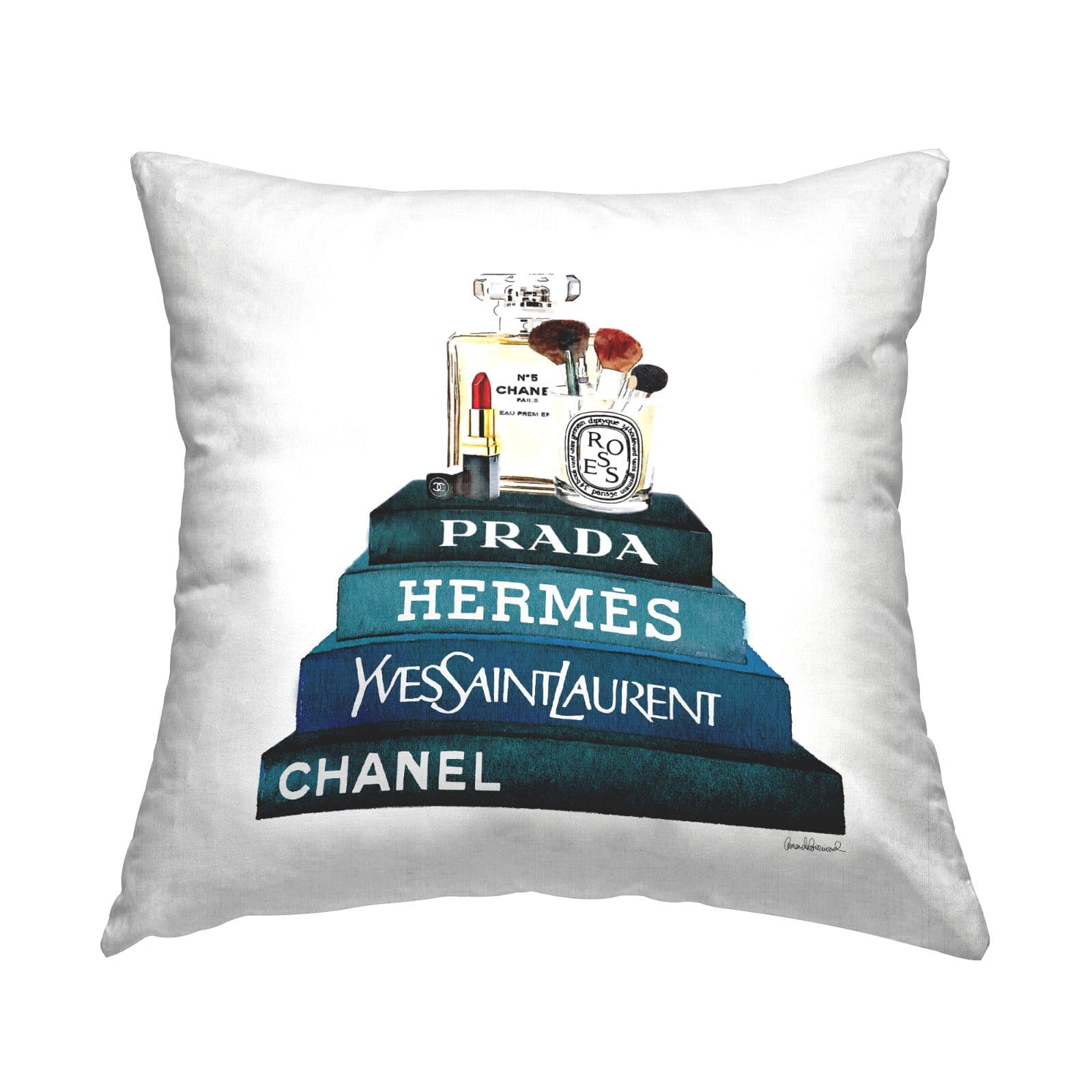Stupell Industries Blue Fashion Makeup Accessories On Glam Books Throw Pillow, 18" x 18"