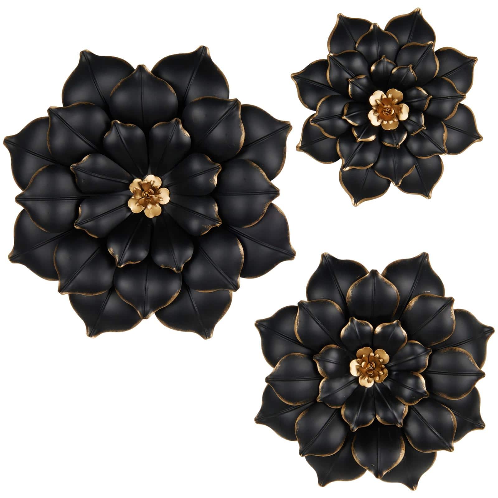 Black & Gold Metal Floral 3D Wall Décor with Gold Center Set