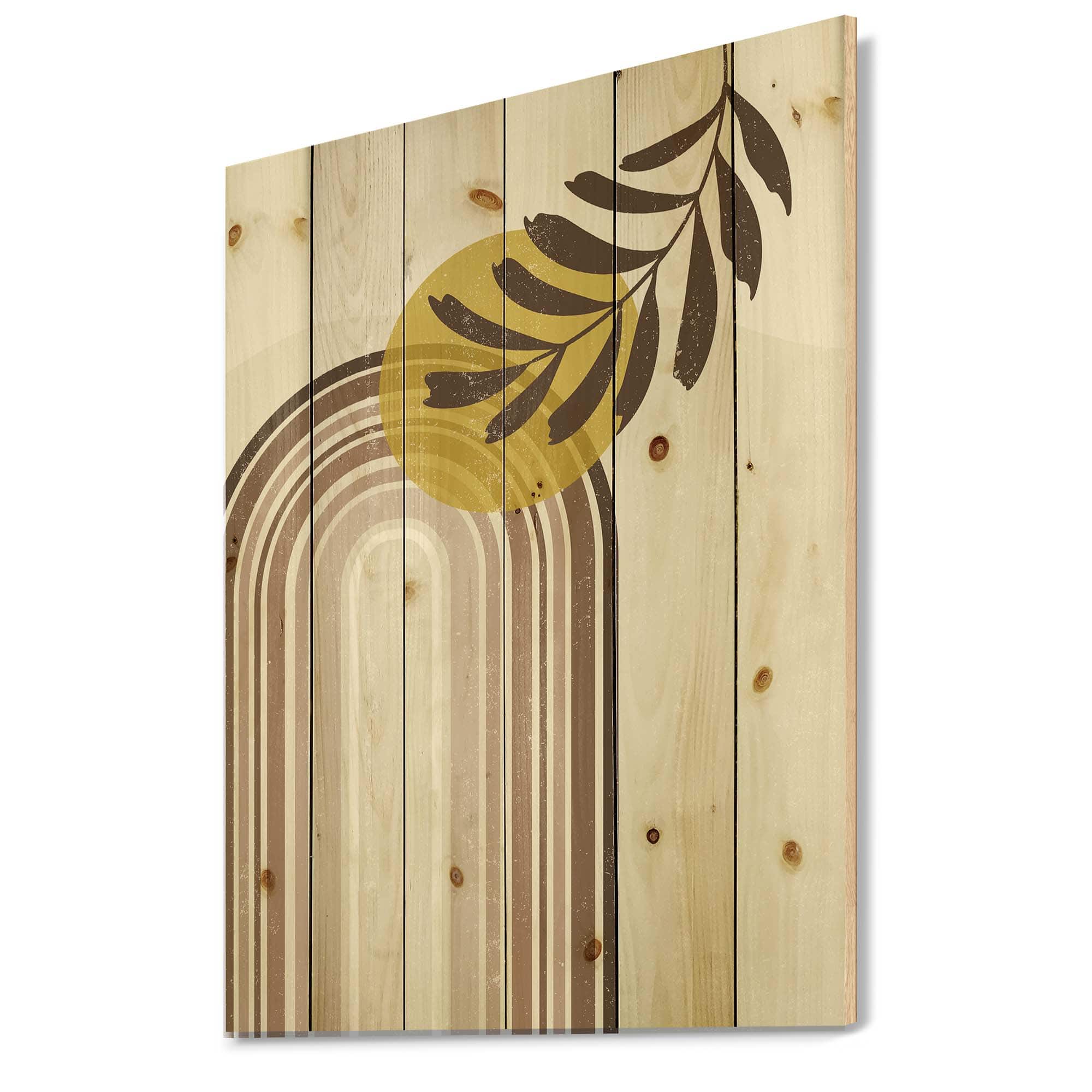 Designart - Abstract Sun and Moon With Leaf In Earth Tones - Modern Print on Natural Pine Wood