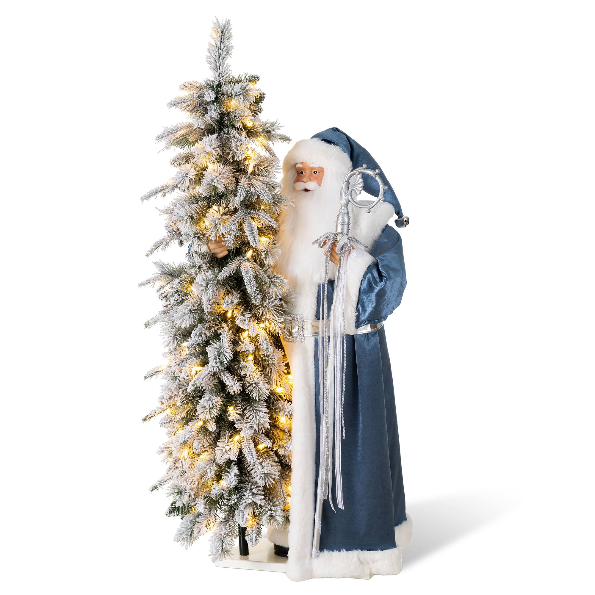 Glitzhome® 3.5ft. Oversized Deluxe Blue Christmas Santa with 4ft Lighted Flocked Artificial Christmas Tree
