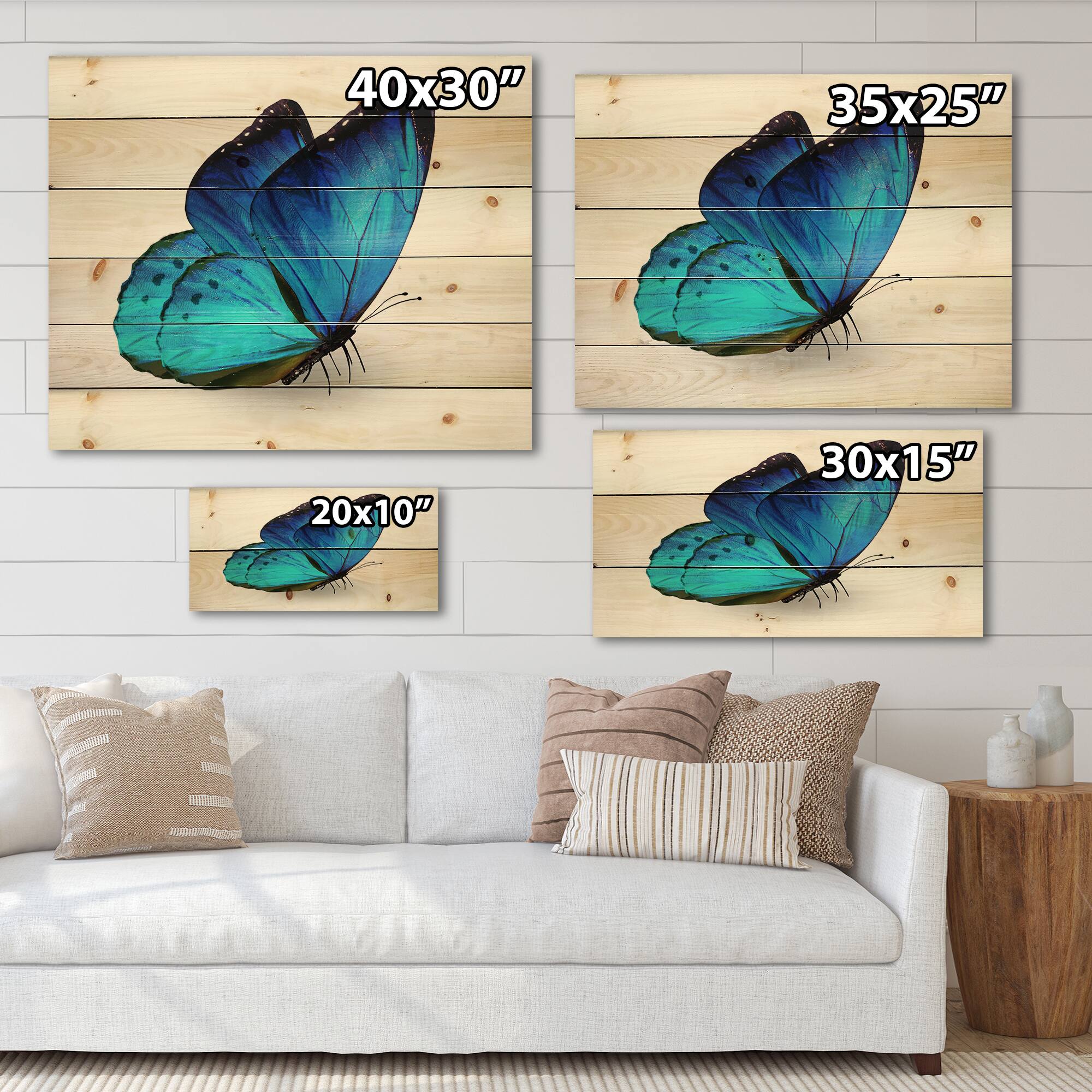 Designart - Vibrant Blue Butterfly - Modern Print on Natural Pine Wood