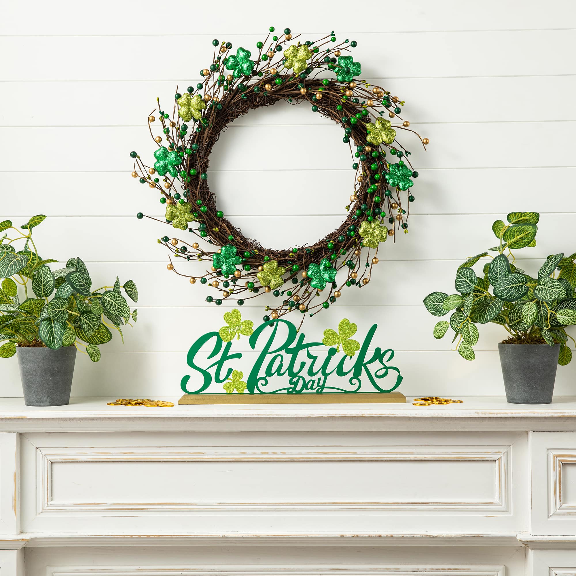 Glitzhome® 20" St. Patrick's Day Shamrock Berry Wreath