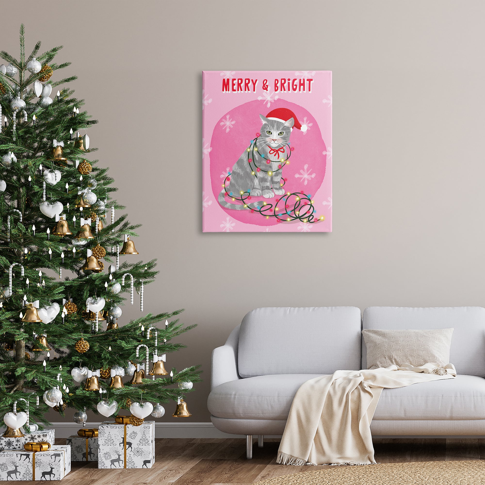 Stupell Industries Merry & Bright Christmas Cat Lights Canvas Wall Art