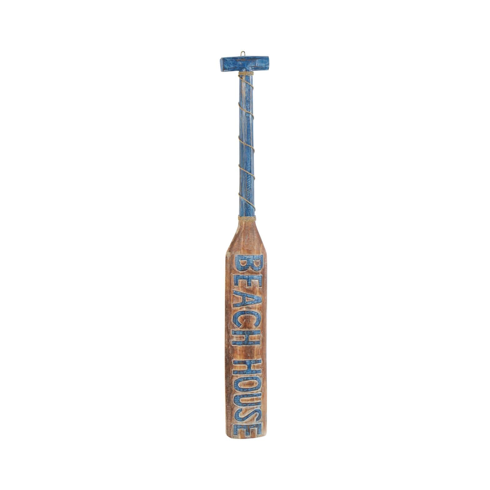 Brown Wood Paddle Beach House Sign Wall Decor with Blue Accents and Rope