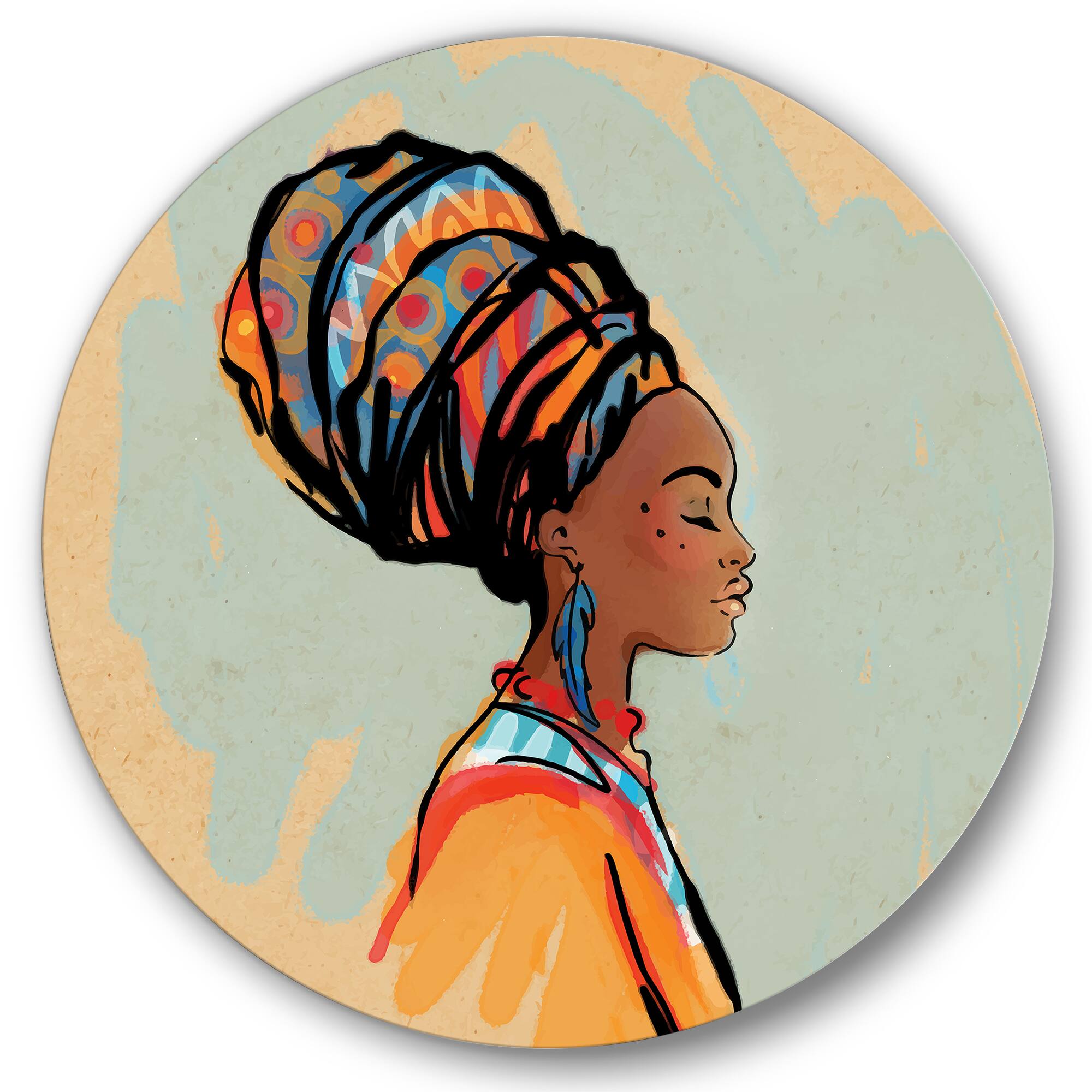 Designart - Portrait of Afro American Woman With Turban III - Modern Metal Circle Wall Art