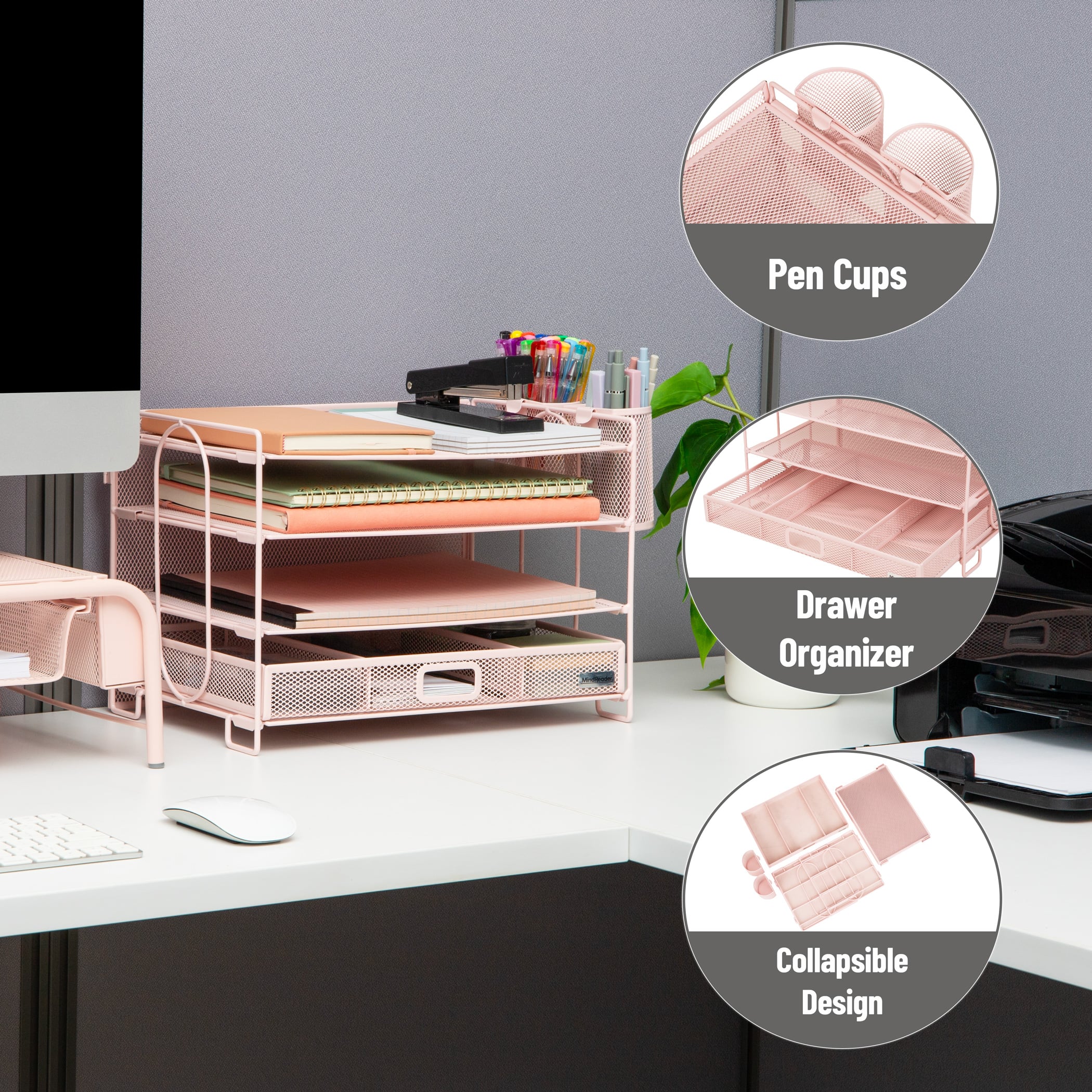 Mind Reader Mesh Desk Organizer, 3 Trays, 1 Drawer, 2 Pen Holders, Office Desktop Organizer, Metal Mesh, Pink