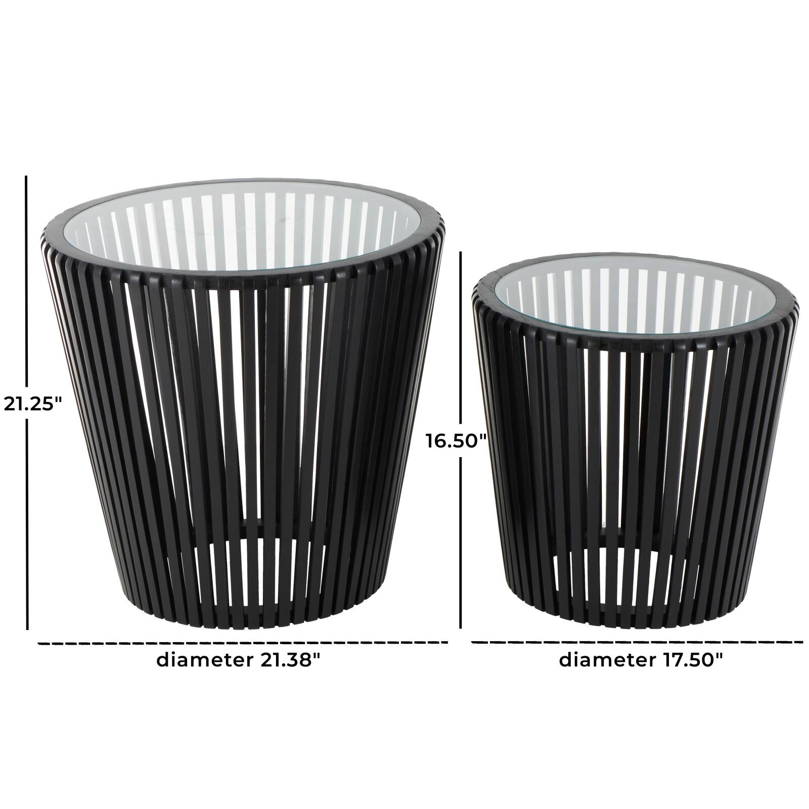 Black Wood Cage Inspired Accent Table with Clear Glass Tabletop Set