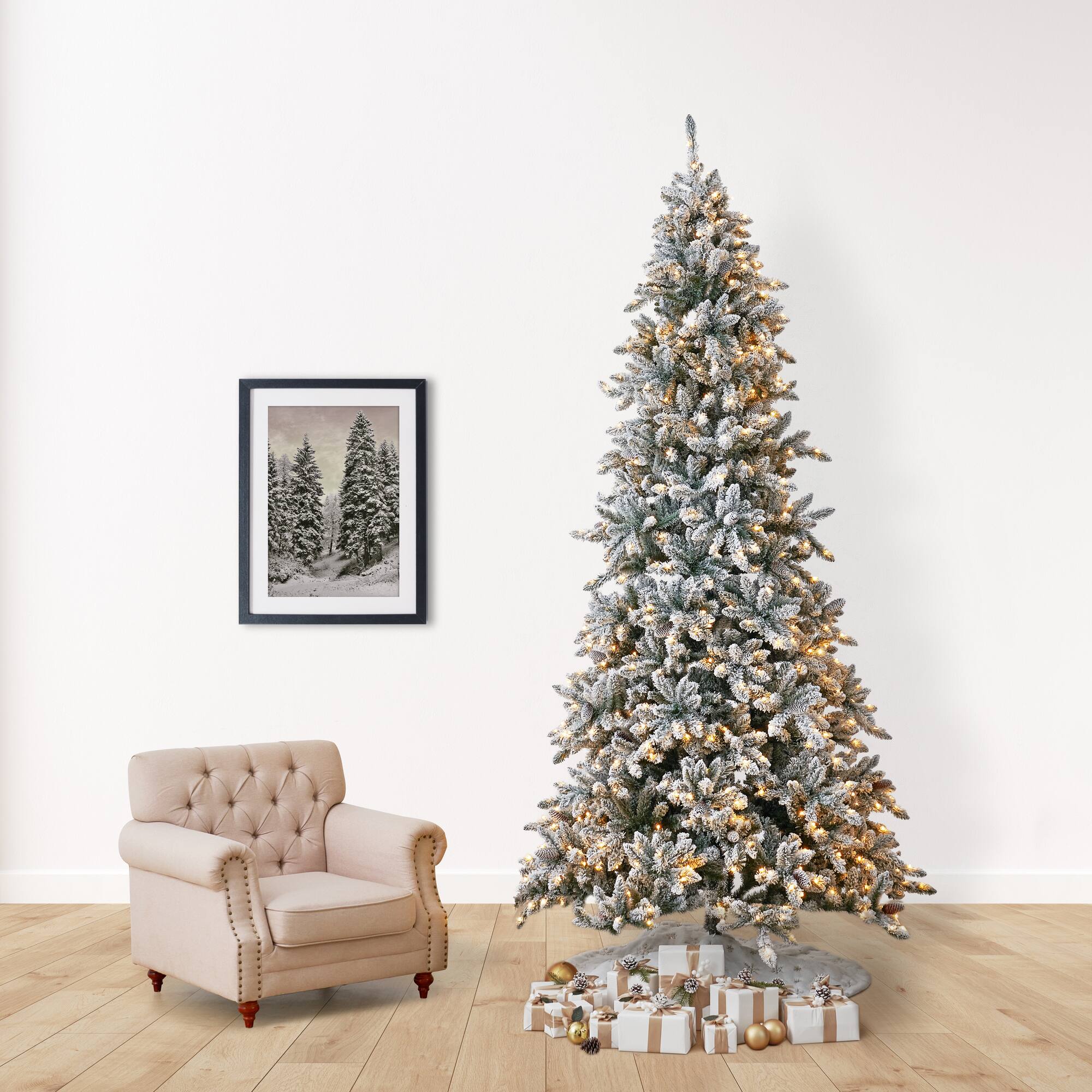 11ft. Pre-Lit Flocked Livingston Fir Artificial Christmas Tree with Pine Cones, Clear LED Lights