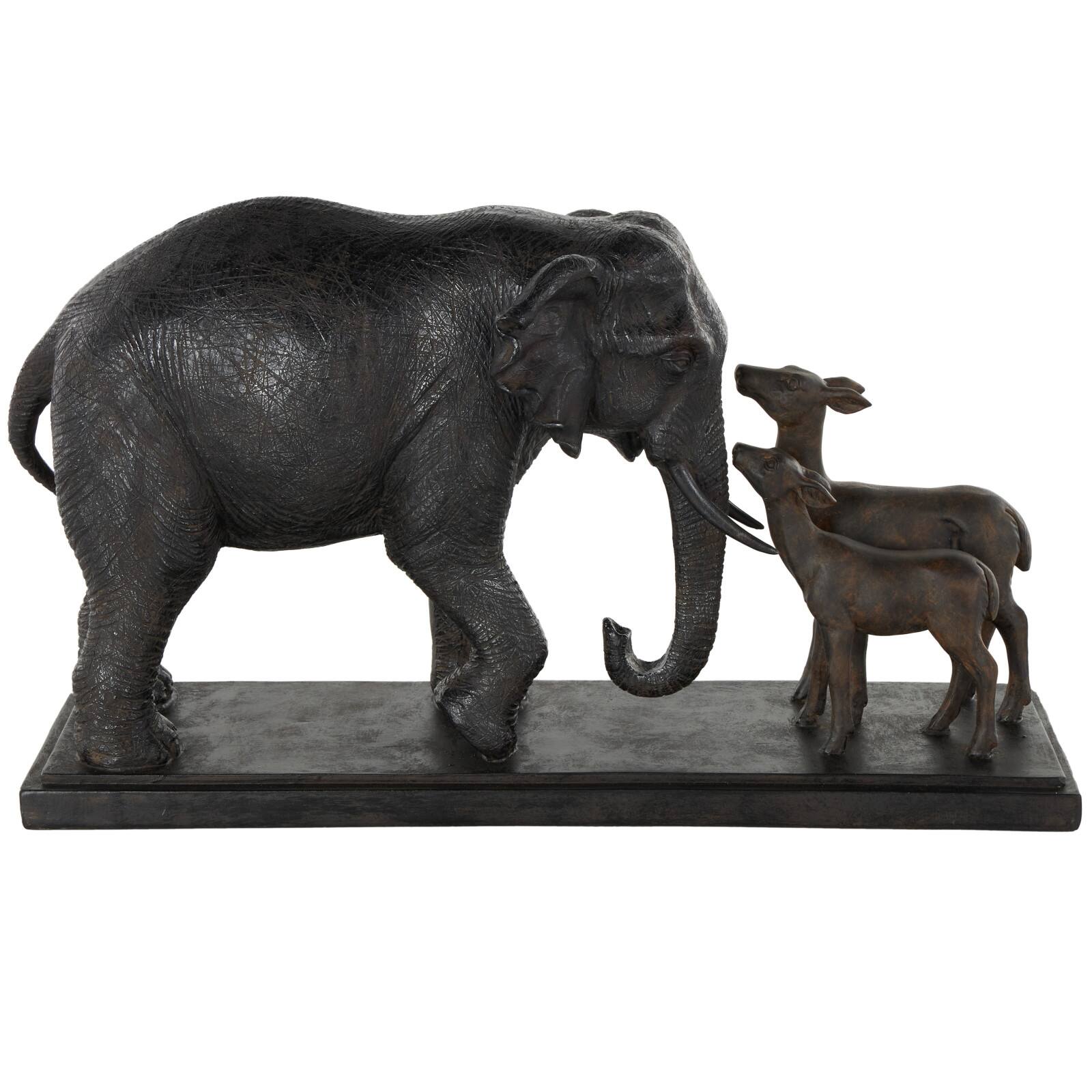 19.75" Black Elephant Walking Sculpture with Dark Brown Deer