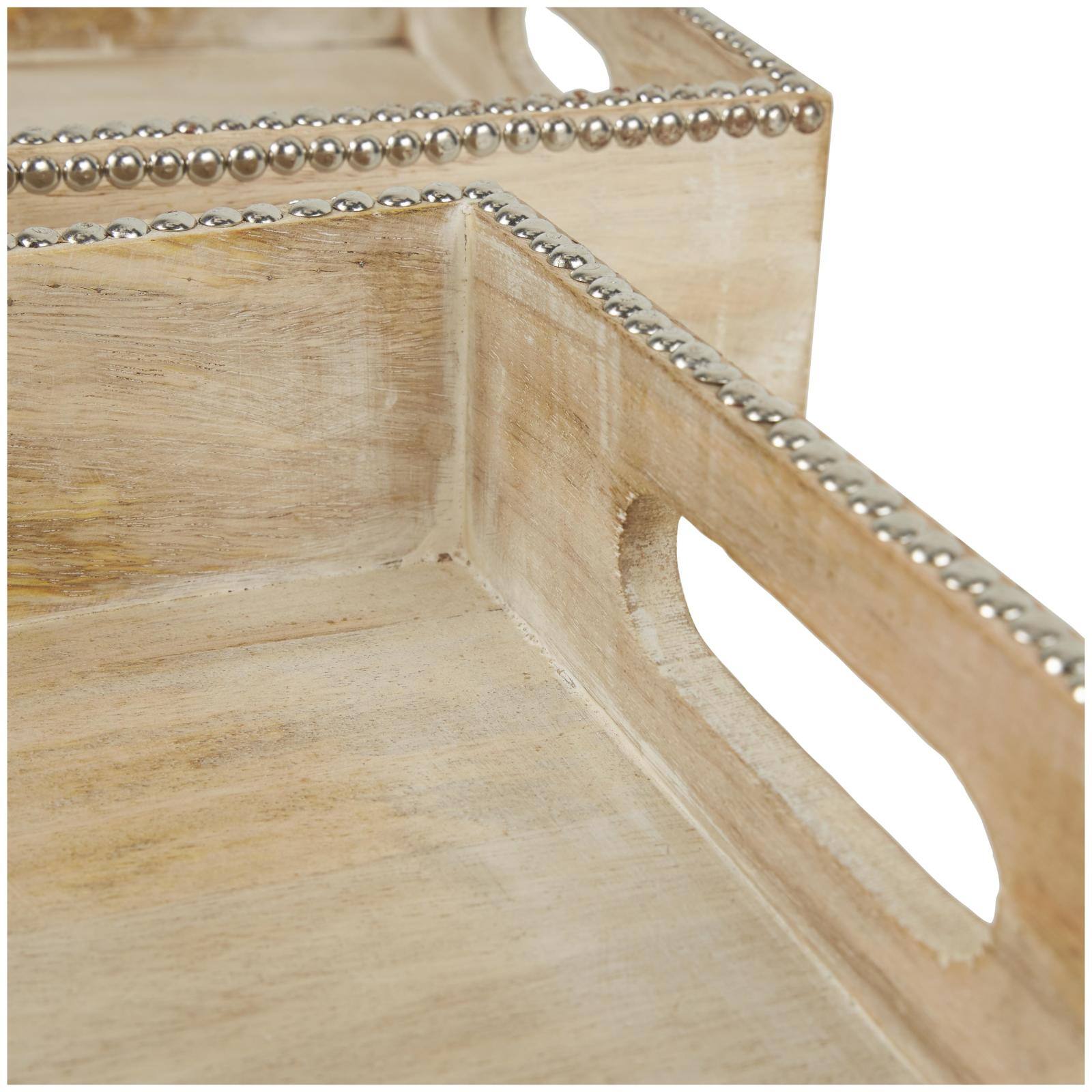 Light Brown Mango Wood Trays with Silver Beaded Rim, 2ct.
