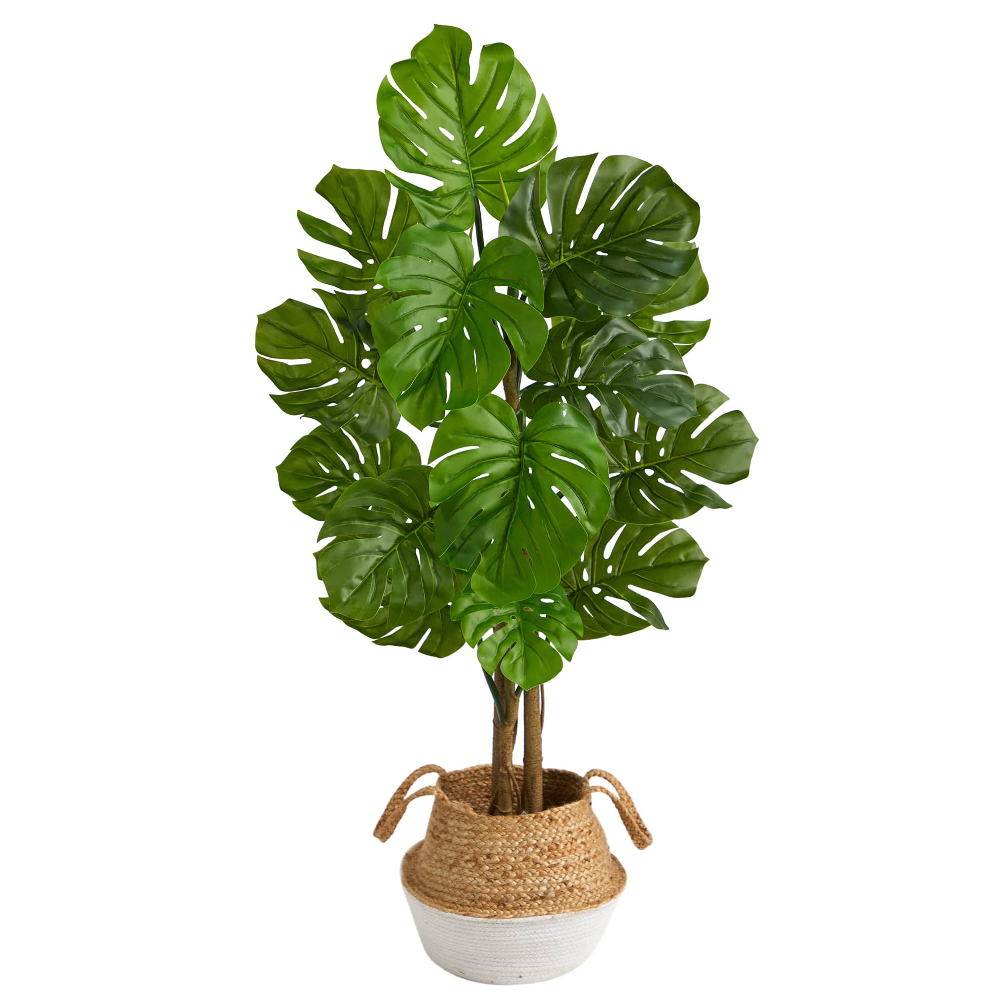 4ft. Monstera Artificial Tree in Boho Chic Handmade Cotton & Jute White Woven Planter UV Resistant (Indoor/Outdoor)