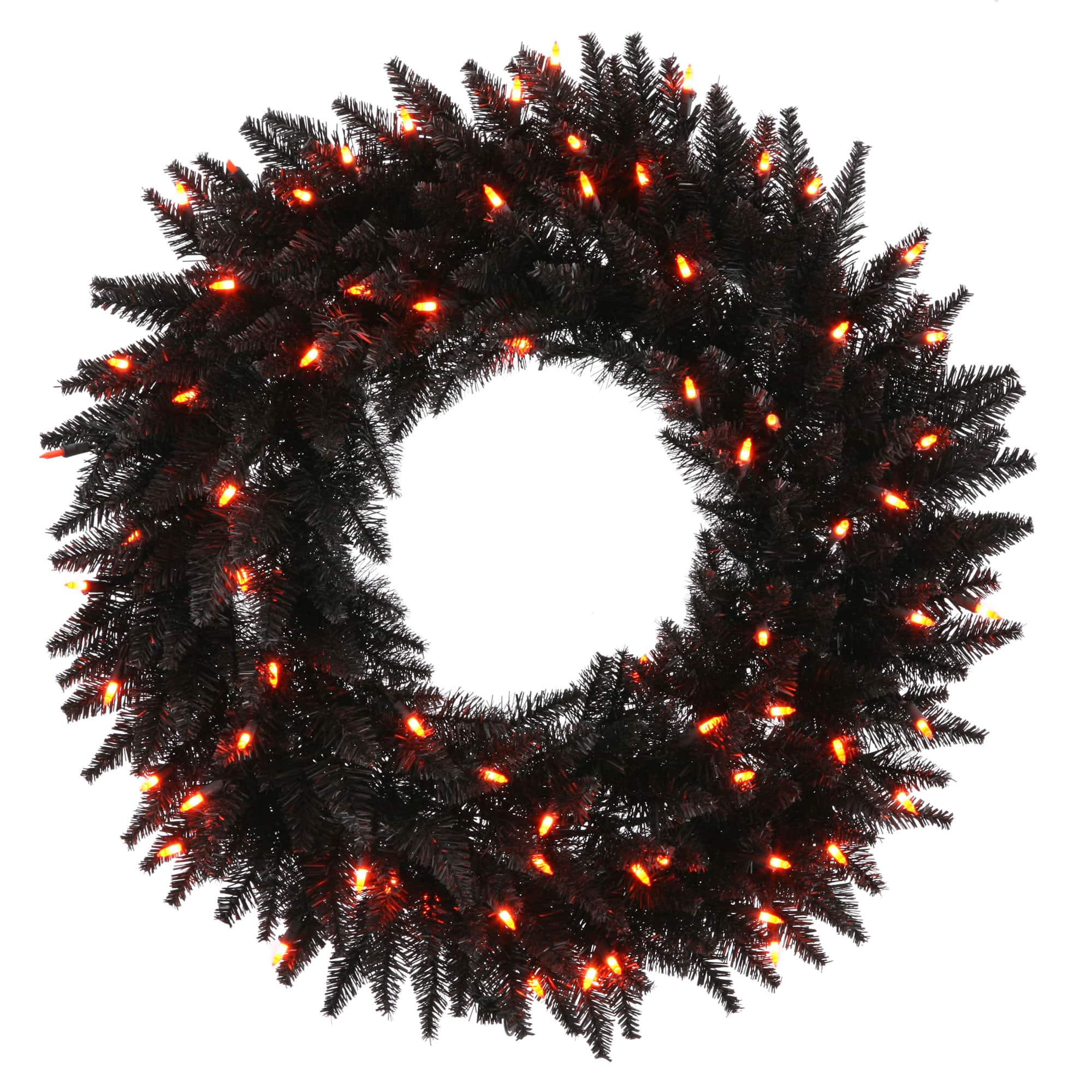 24" Pre-Lit Black Fir Artificial Christmas Wreath, Orange Dura-Lit LED Lights