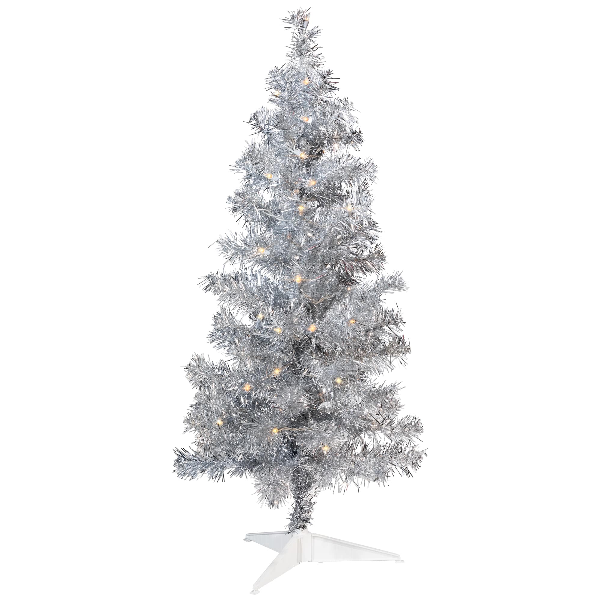 3ft. Pre-Lit Silver Tinsel Artificial Christmas Tree, Clear Lights