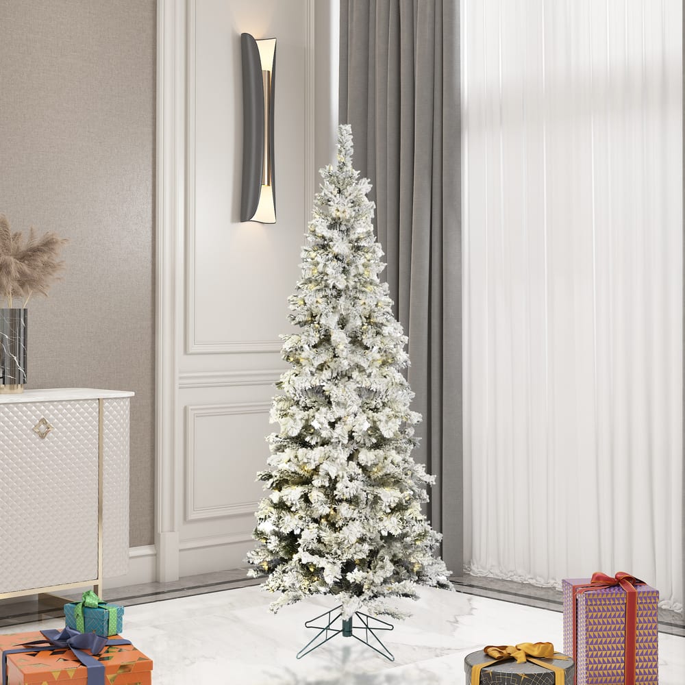 5.5ft. Pre-Lit Flocked Pacific Pine Artificial Christmas Tree, Pure White LED Lights