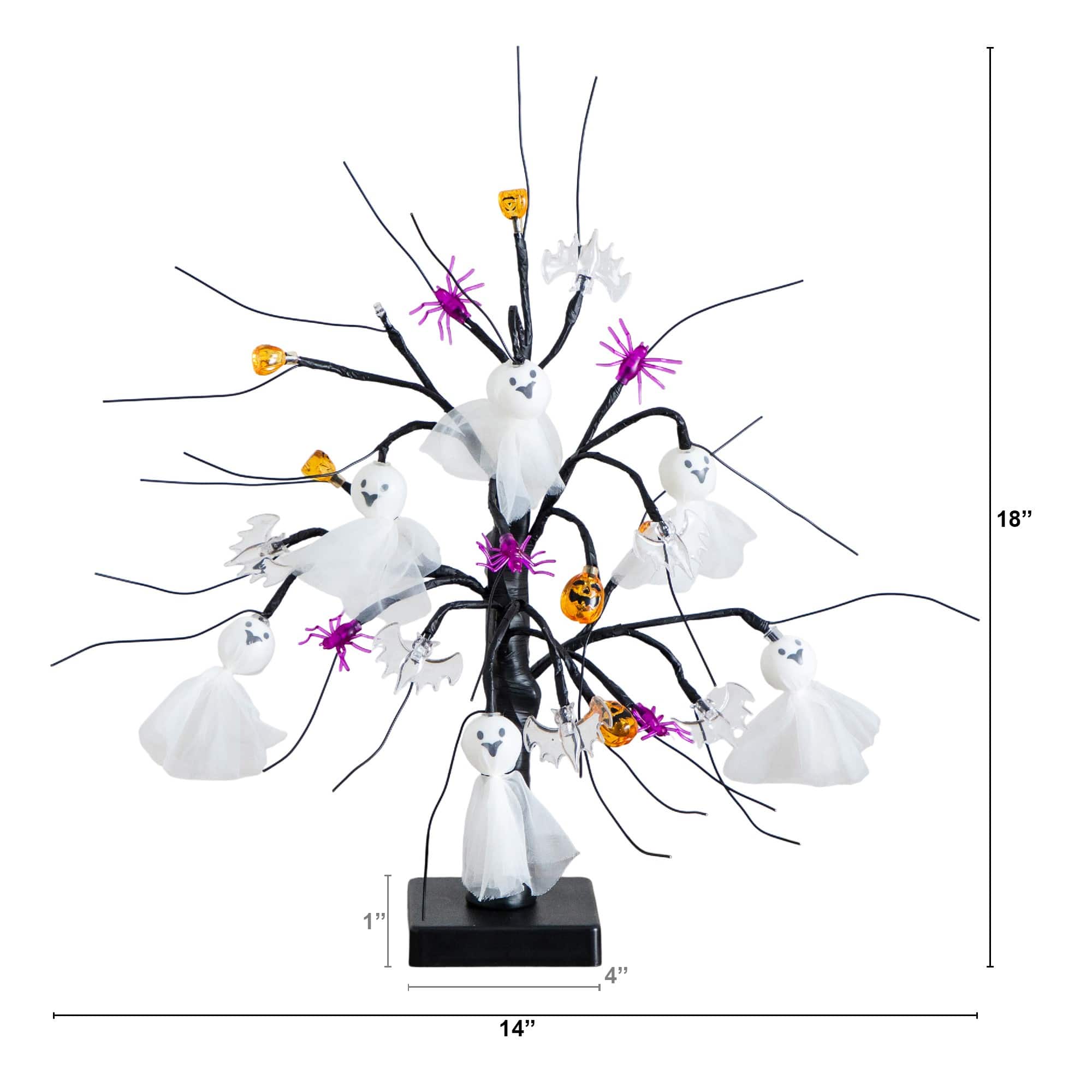 18in. Pre-Lit Artificial Halloween Ghost Dolls, Spiders, Bats & Pumpkins 24 LED Lighted Ornament Tree