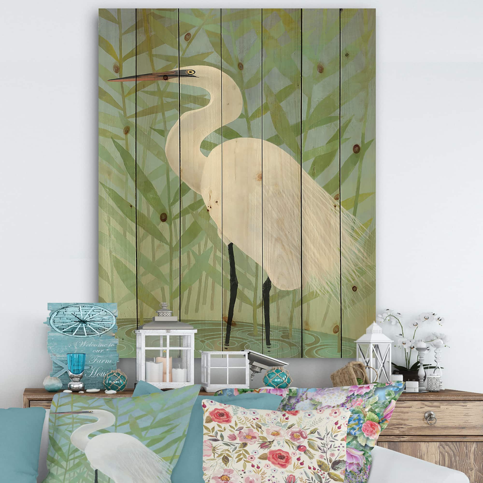 Designart - heron by the Shore II - Modern Farmhouse Print on Natural Pine Wood