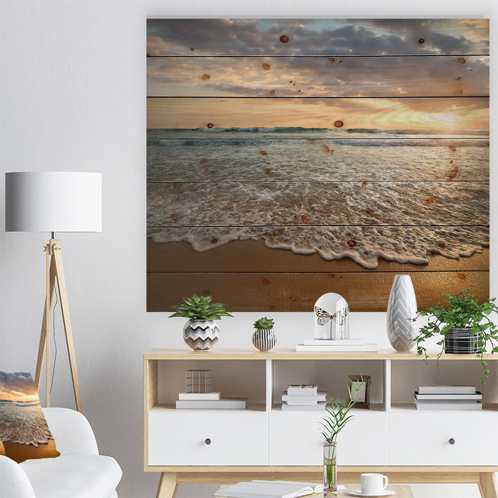 Designart - Bright Cloudy Sunset in Calm Ocean - Seashore Print on Natural Pine Wood