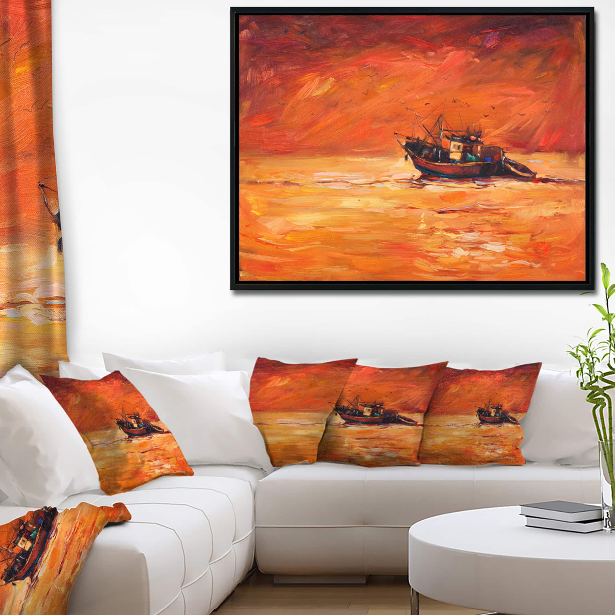 Designart - Fishing Boat in Red Hue - Seascape Canvas Art Print in Black Frame